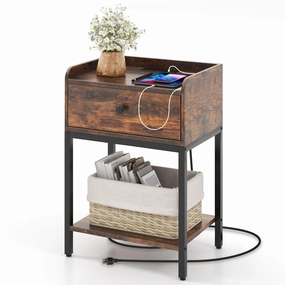 Giantex Nightstand with Charging Station, Industrial Bedside Table with Storage Drawer & Open Shelf entry bench, mudroom storage