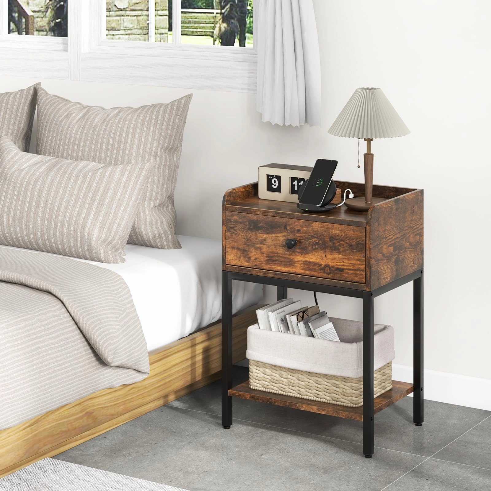 Giantex Nightstand with Charging Station, Industrial Bedside Table with Storage Drawer & Open Shelf