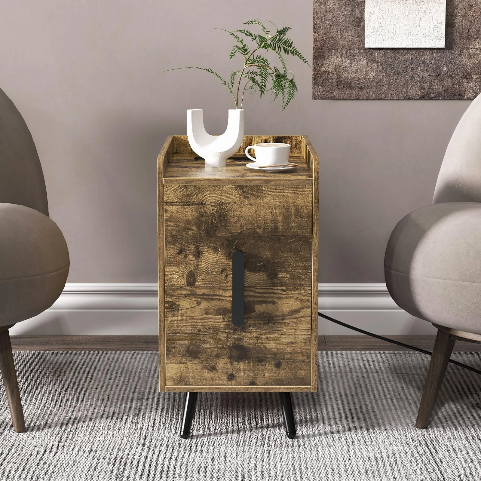 Giantex Nightstand with Charging Station, Narrow End Table with 2 Drawers & Metal Gold Legs