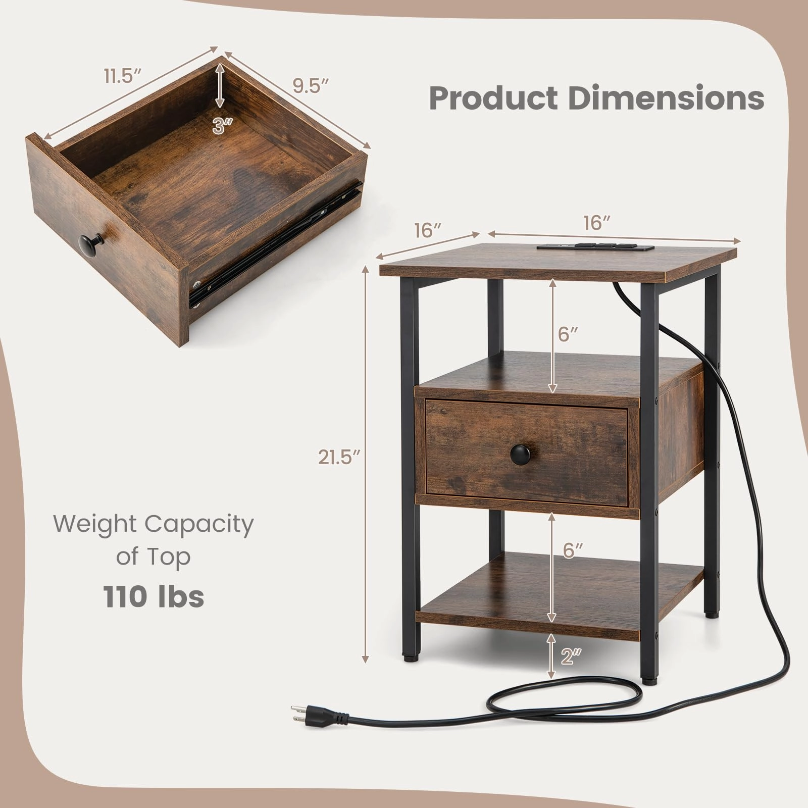 Giantex Nightstand with Charging Station
