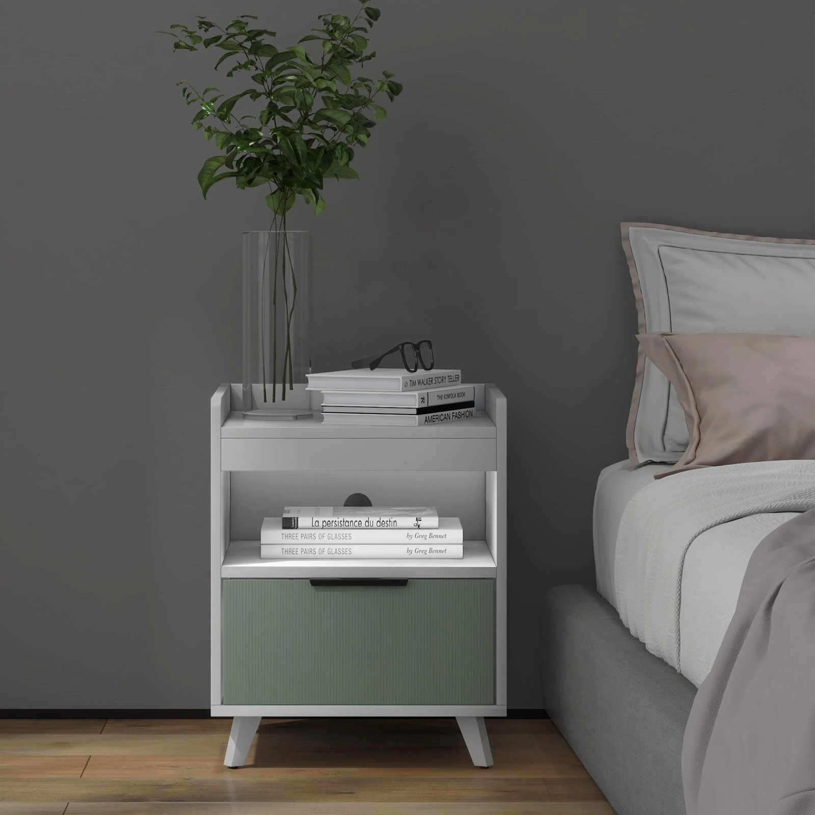 Giantex Nightstand with Drawer, 3-Tier Bedside Table with Storage Drawer & Open Compartment