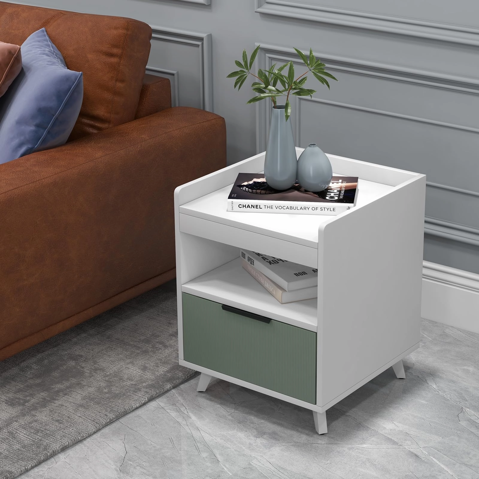 Giantex Nightstand with Drawer, 3-Tier Bedside Table with Storage Drawer & Open Compartment