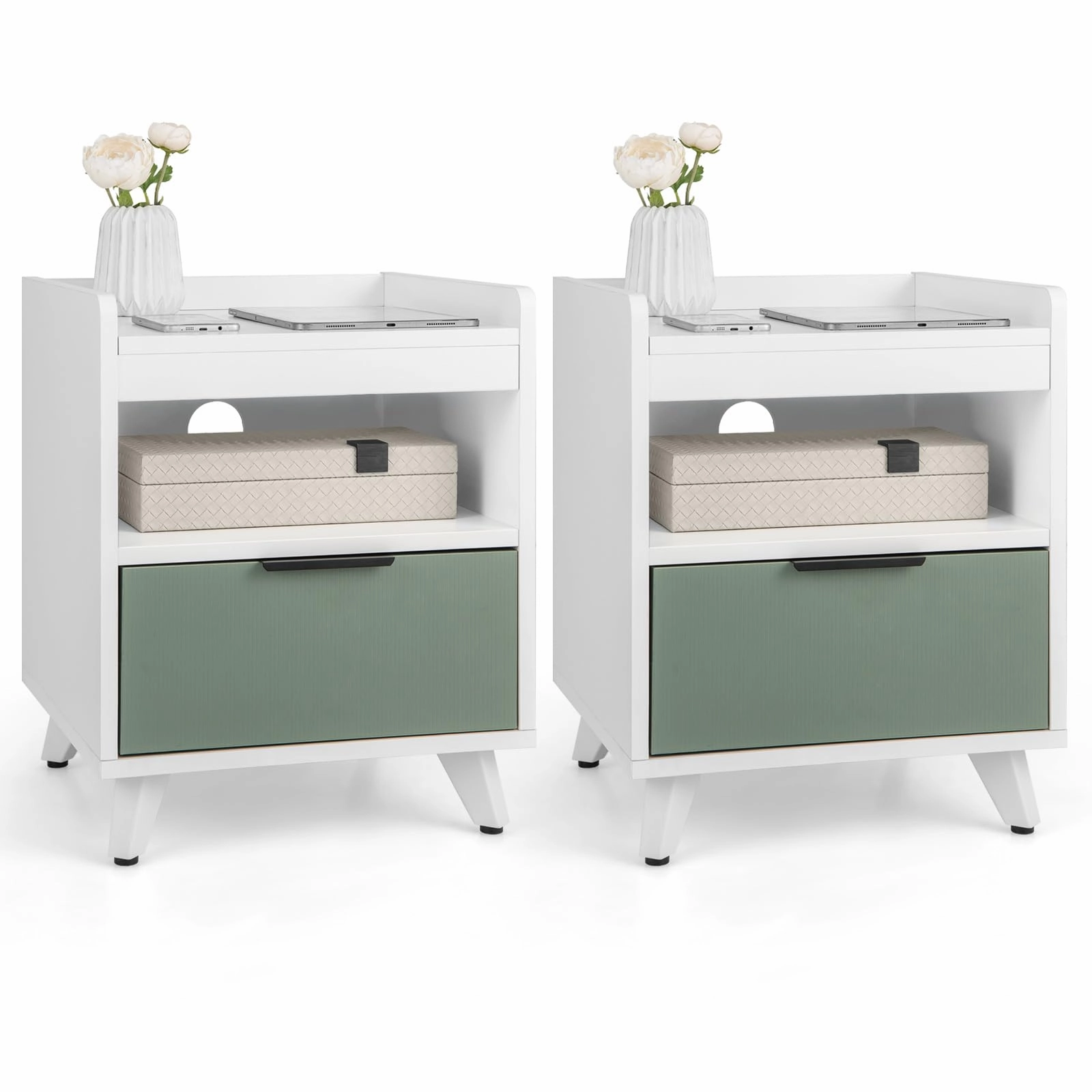 Giantex Nightstand with Drawer, 3-Tier Bedside Table with Storage Drawer & Open Compartment