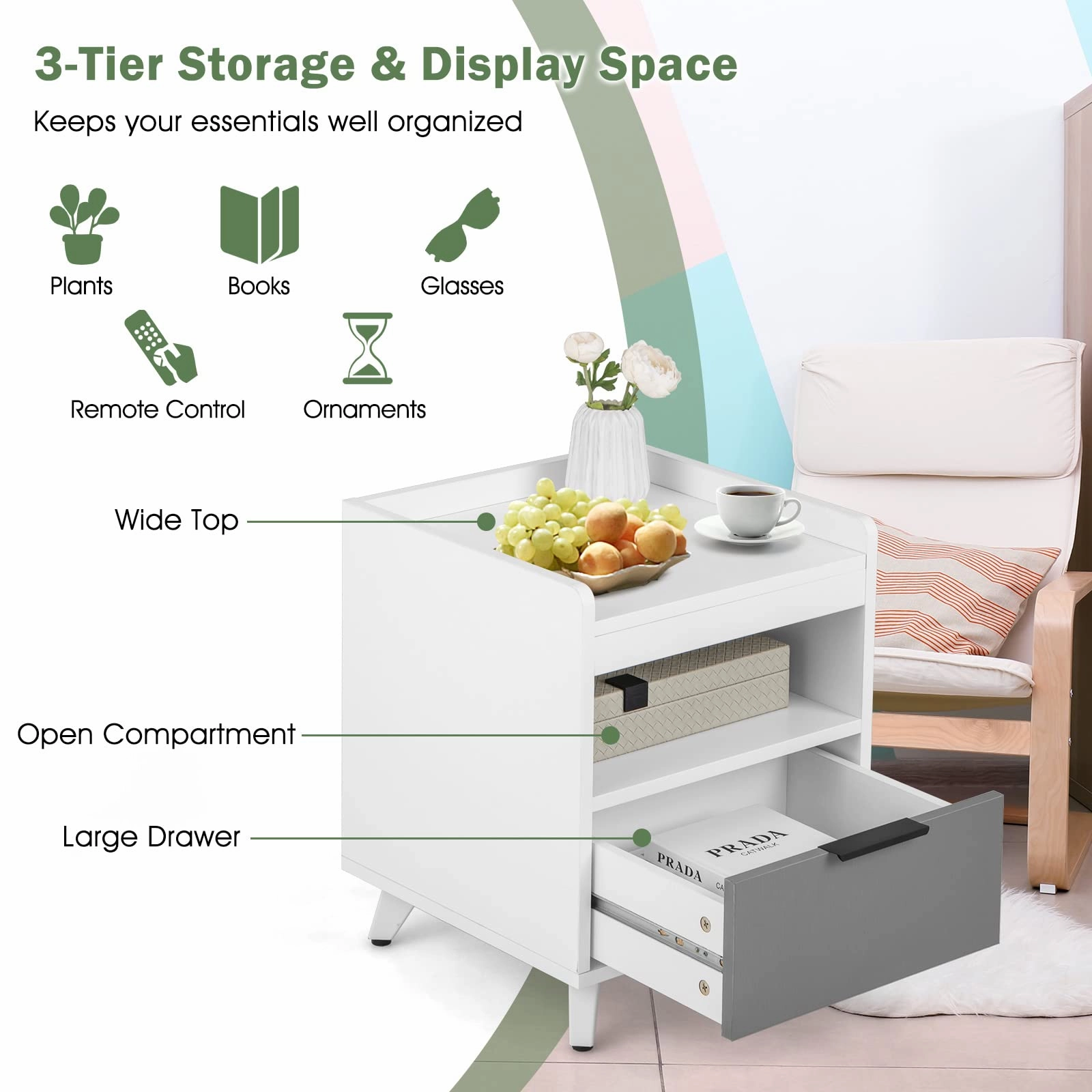 Giantex Nightstand with Drawer, 3-Tier Bedside Table with Storage Drawer & Open Compartment