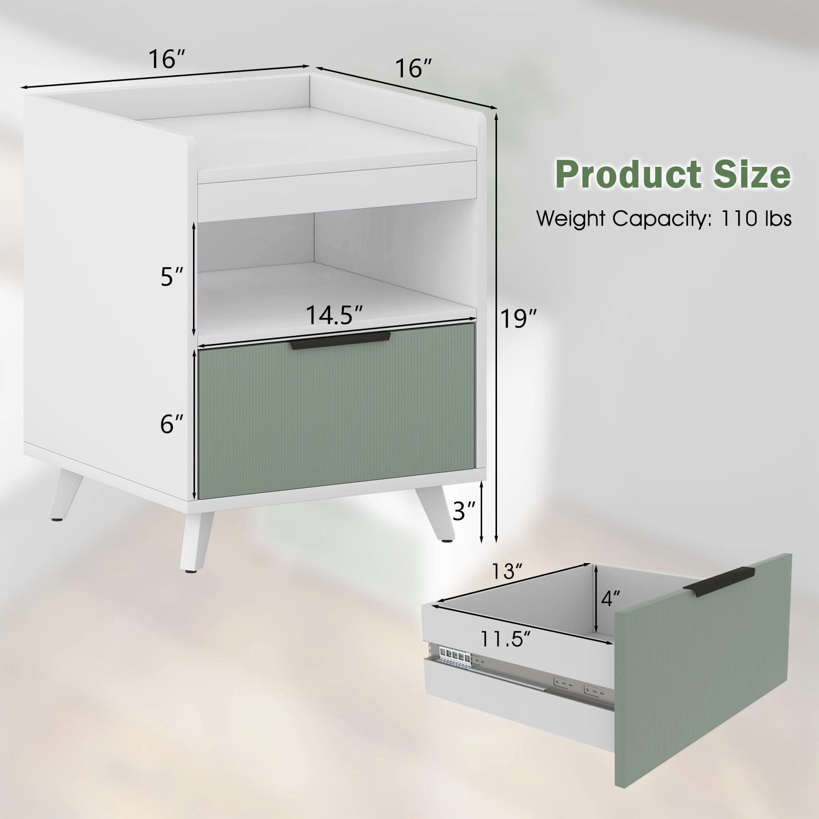 Giantex Nightstand with Drawer, 3-Tier Bedside Table with Storage Drawer & Open Compartment
