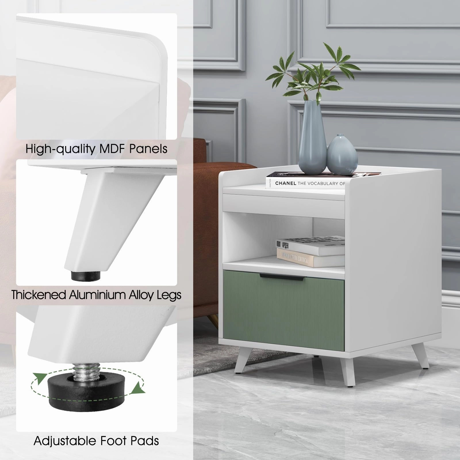 Giantex Nightstand with Drawer, 3-Tier Bedside Table with Storage Drawer & Open Compartment