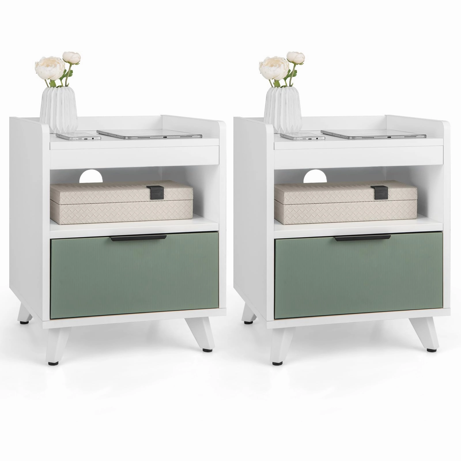Giantex Nightstand with Drawer, 3-Tier Bedside Table with Storage Drawer & Open Compartment