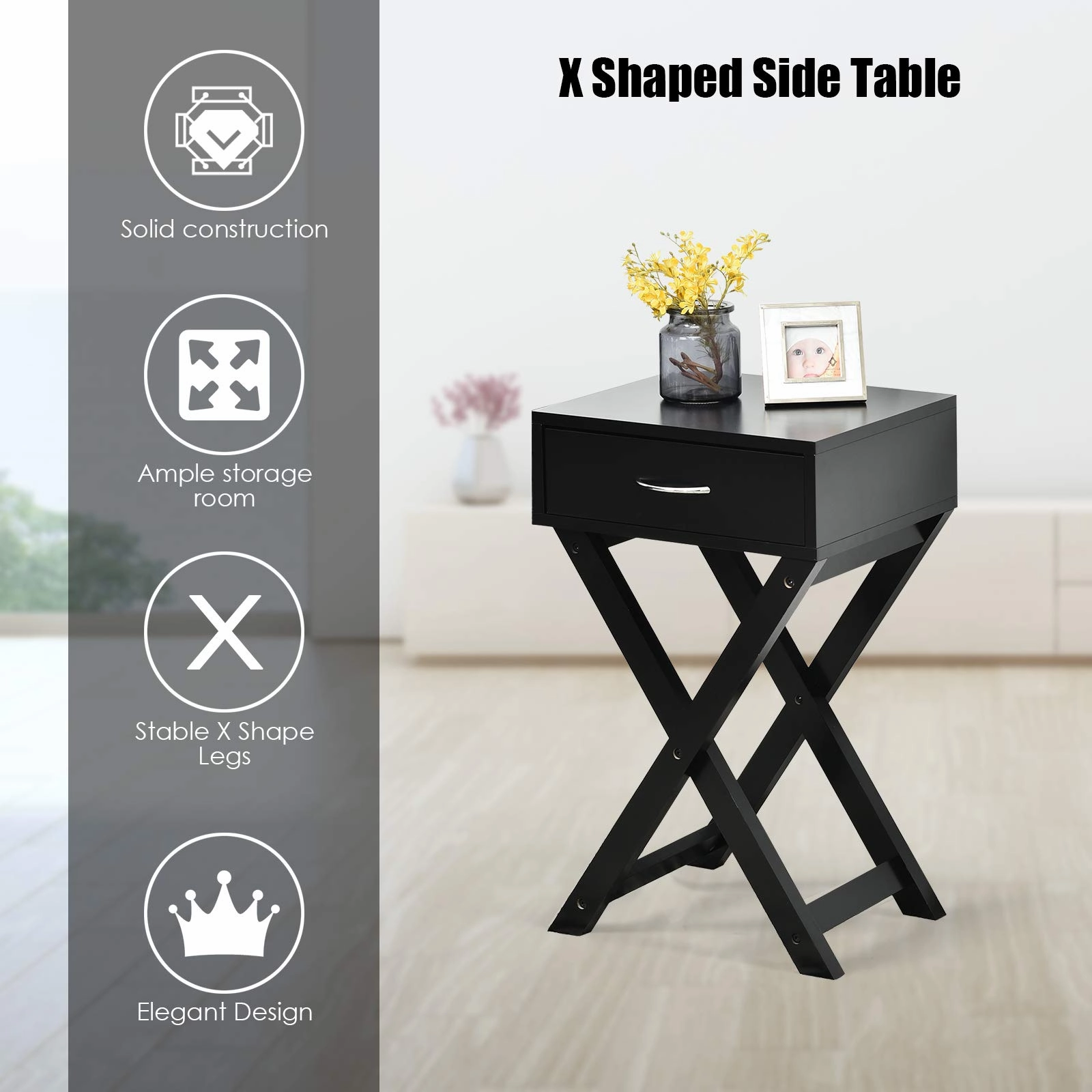 Giantex Nightstand with Drawer X-Shaped Design Sofa Side Table