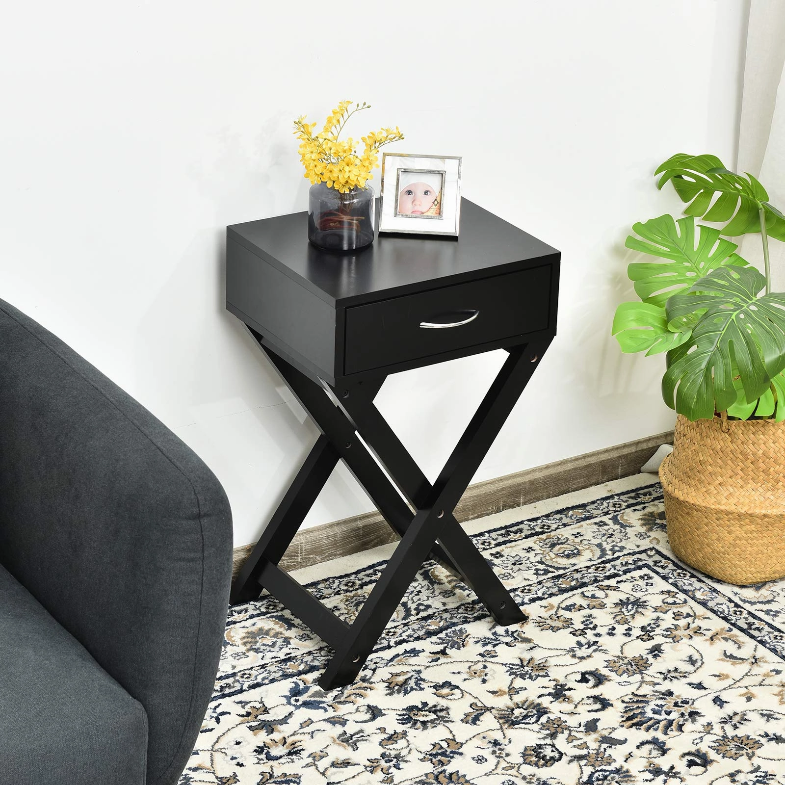 Giantex Nightstand with Drawer X-Shaped Design Sofa Side Table