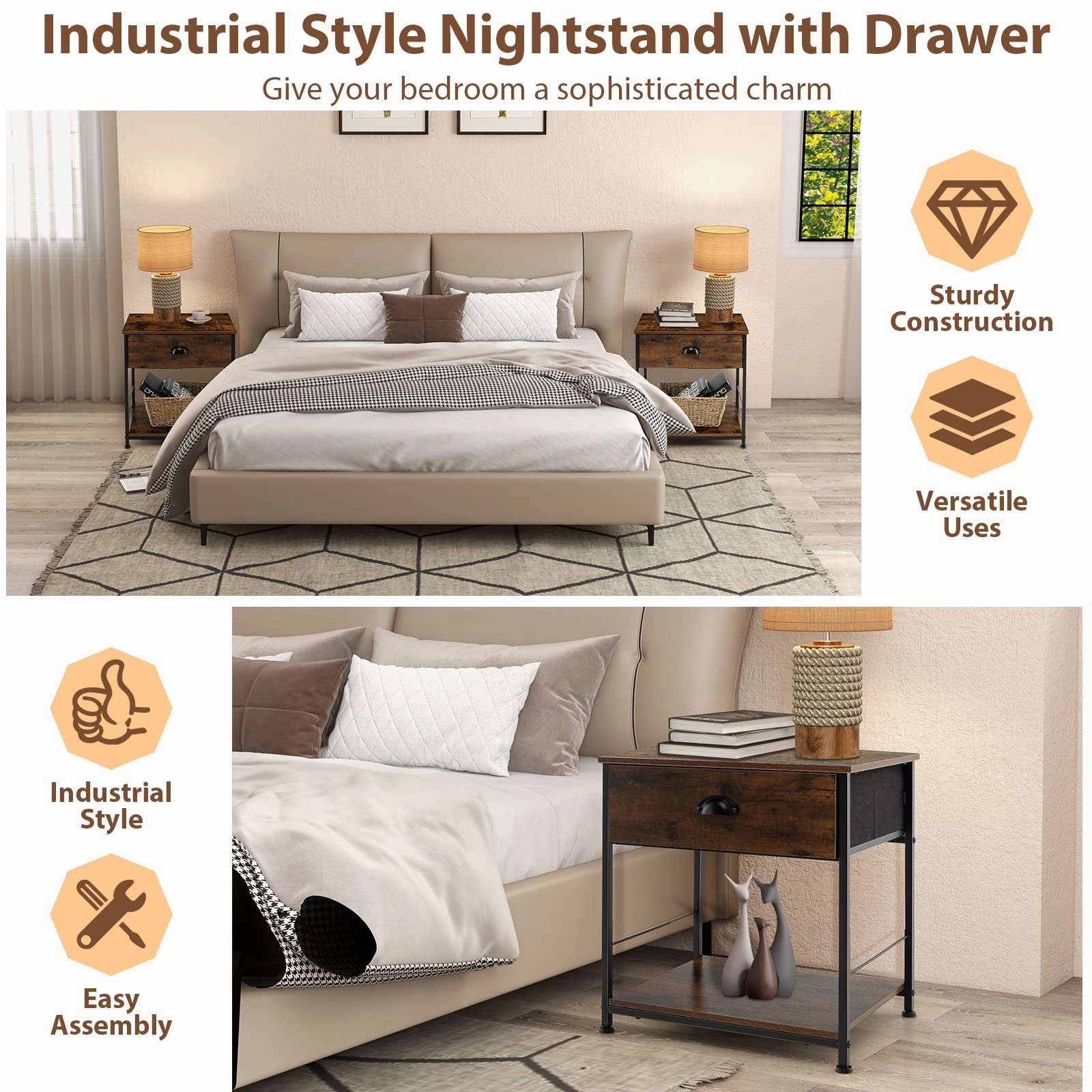 Giantex Nightstand with Drawers, Bedside Table w/Removable Fabric Bins & Pull Handle