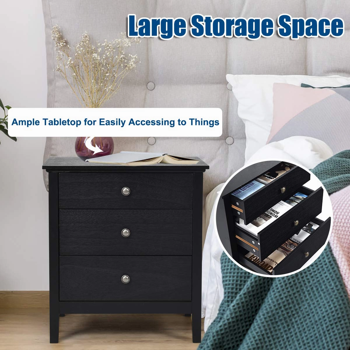 Giantex Nightstand with Drawers Solid Structure Side Table for Storage Bedroom