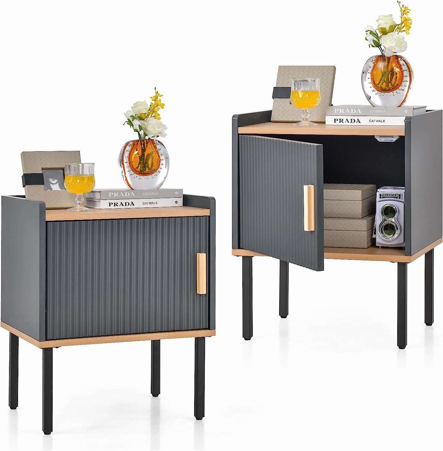 Giantex Nightstand with Storage, Bedside Table with Single Door Cabinet, Small Space, Gray
