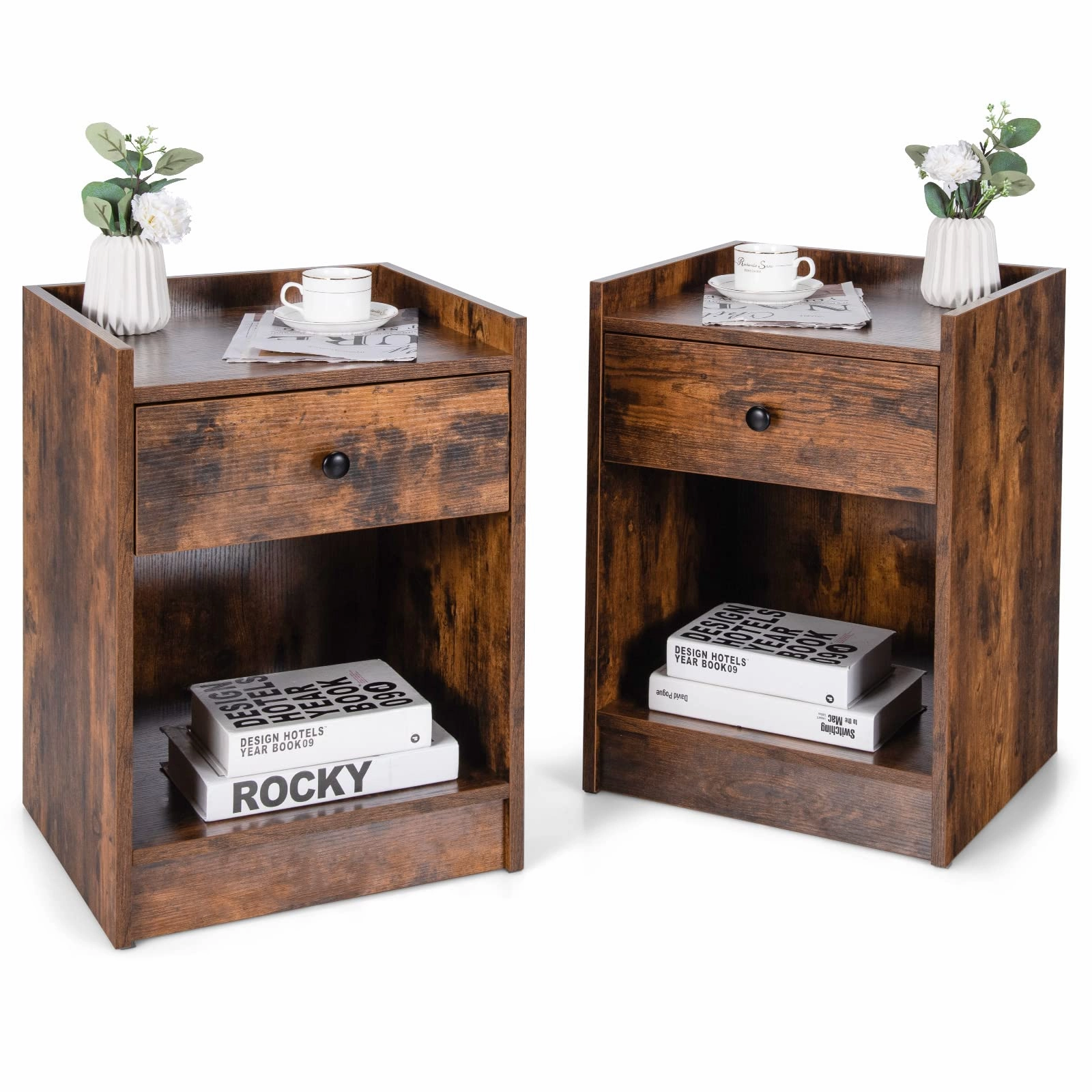 Giantex Nightstands Set of 2, Modern End Tables w/Storage Drawer & Open Compartment throw pillow, fuzzy blanket