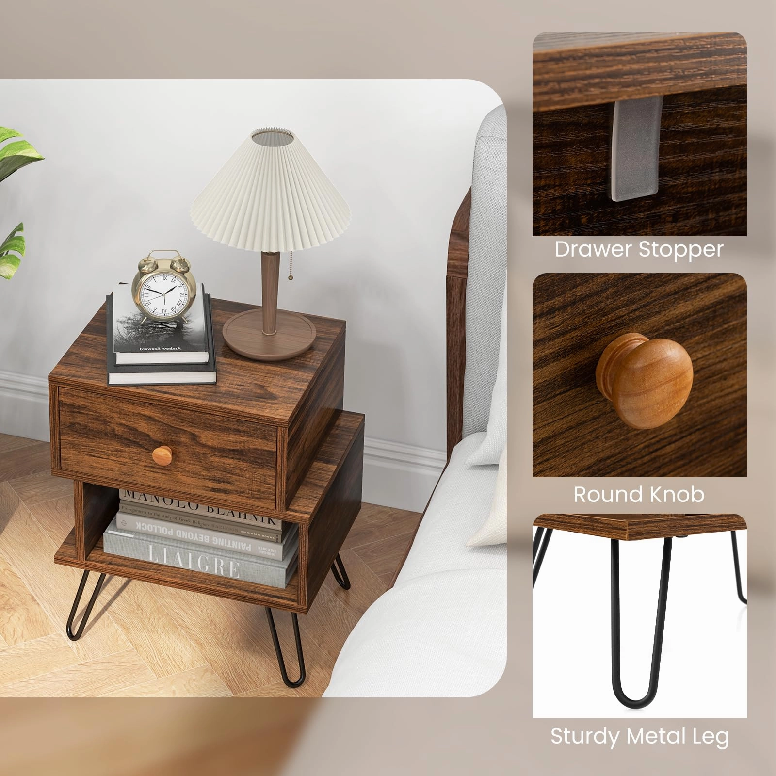 Giantex Nightstands Set of 2, S-Shaped Bedside Tables w/Storage Drawer, Open Shelf