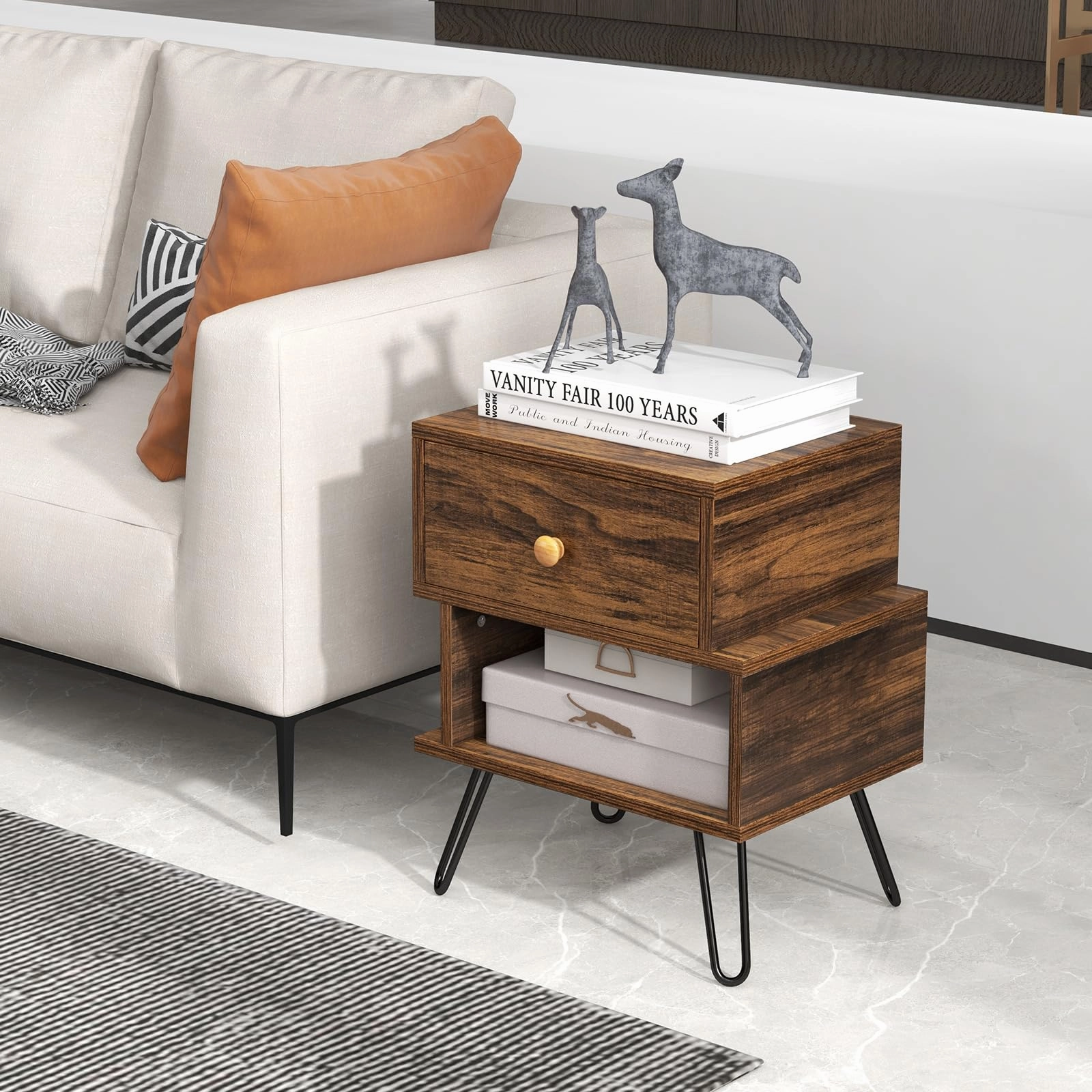 Giantex Nightstands Set of 2, S-Shaped Bedside Tables w/Storage Drawer, Open Shelf