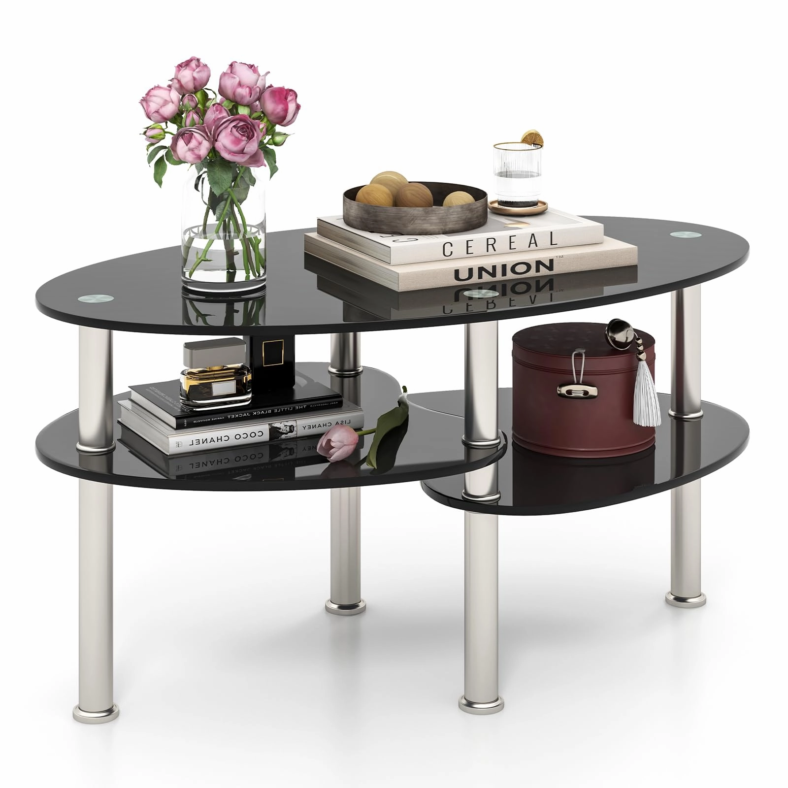 Giantex Oval Glass Coffee Table - 3-Tier Transparent Tempered Glass Center Table with Metal Stand, 35" 20" 18"