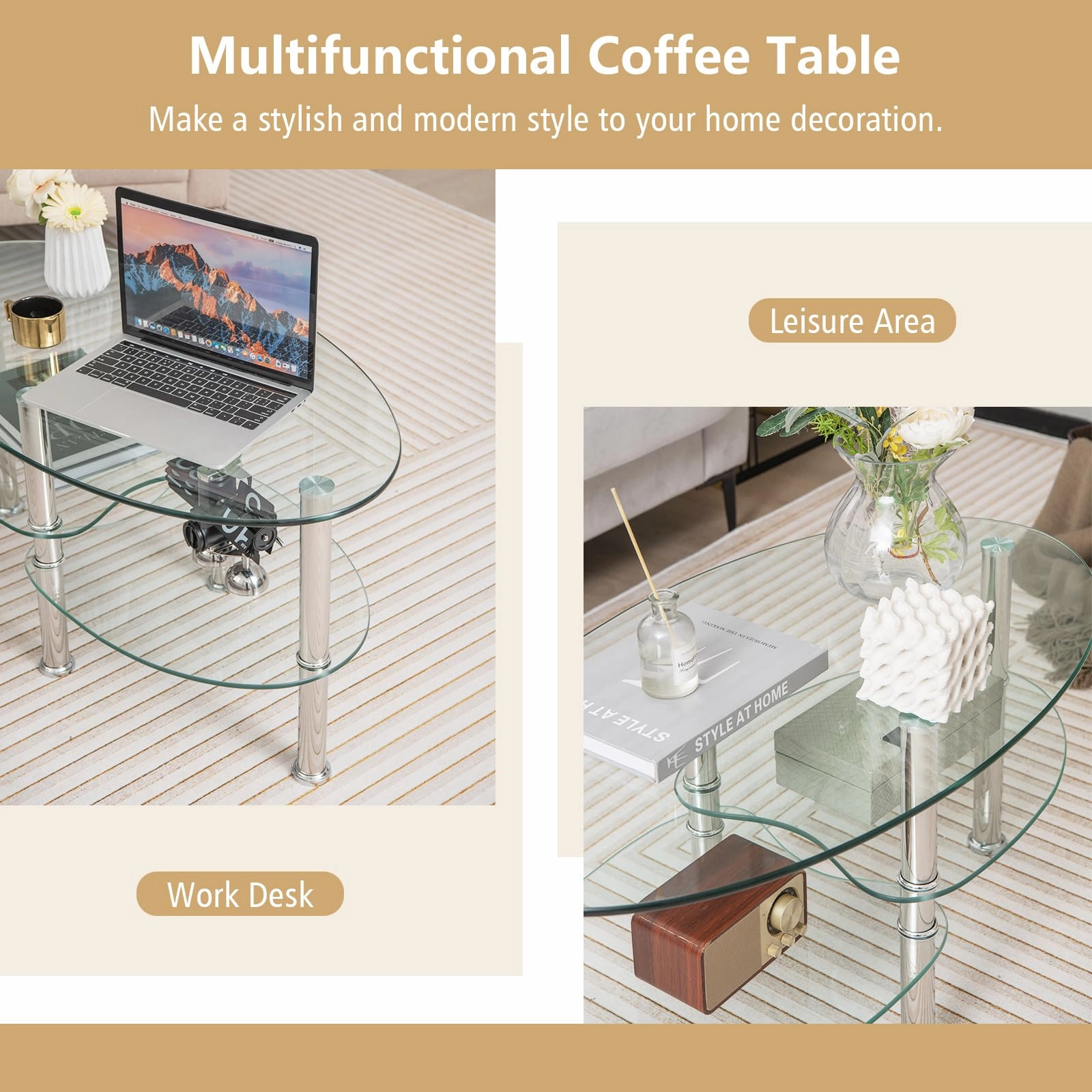 Giantex Oval Glass Coffee Table - 3-Tier Transparent Tempered Glass Center Table with Metal Stand, 35" 20" 18"