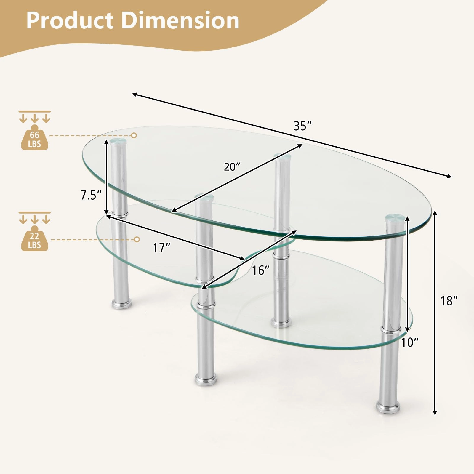 Giantex Oval Glass Coffee Table - 3-Tier Transparent Tempered Glass Center Table with Metal Stand, 35" 20" 18"