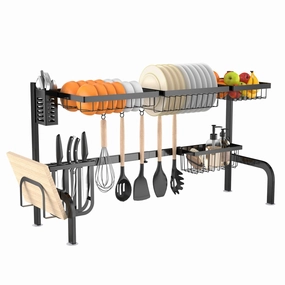 Giantex Over Sink Dish Drying Rack, 2-Tier Dish Drainer with Adjustable Length 21"-39" (Black) kitchen towel, placemats