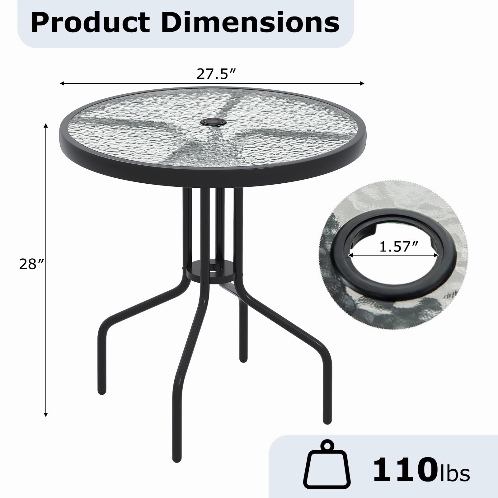 Giantex Patio Round Dining Table with Tempered Glass Tabletop and 1.57" Umbrella Hole