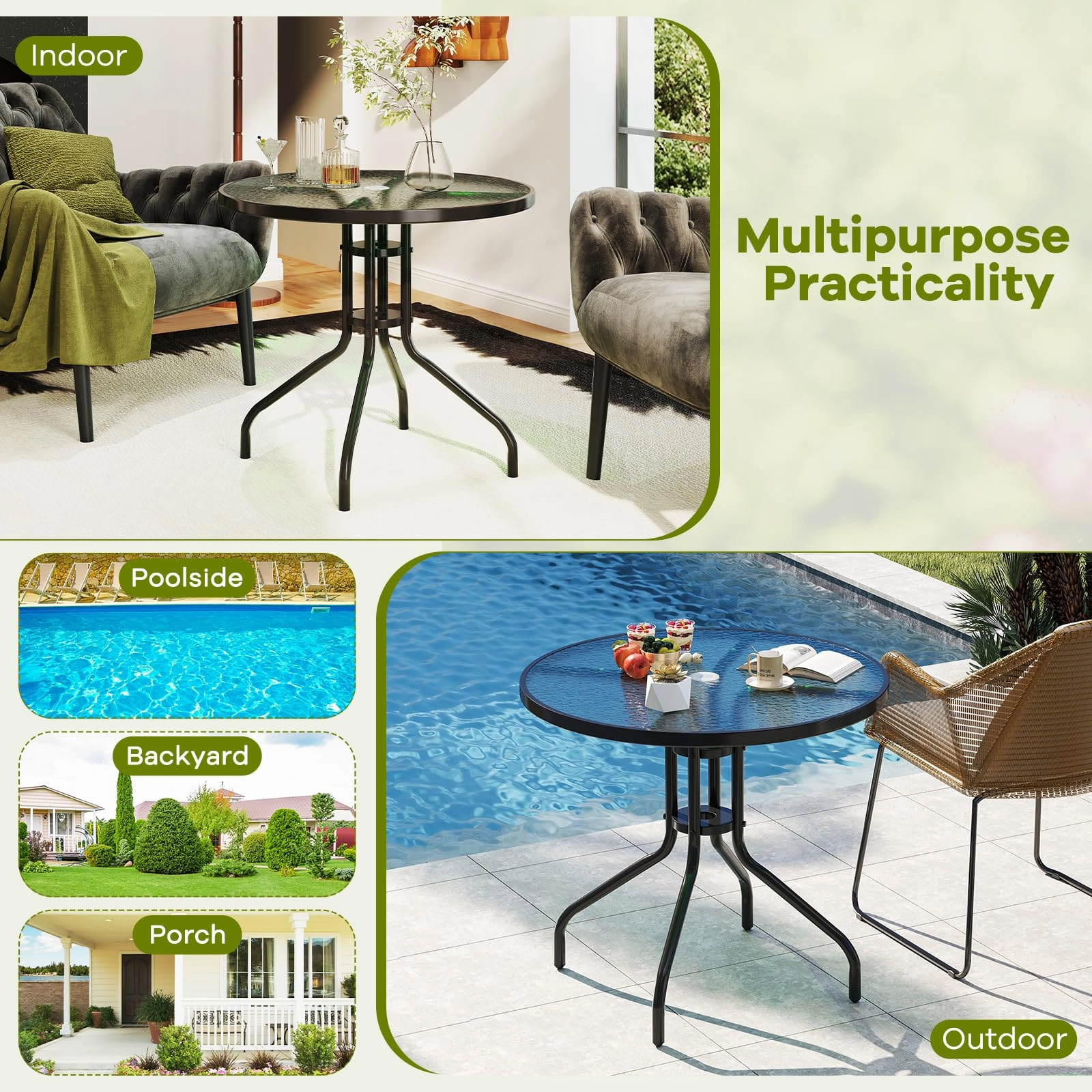 Giantex Patio Round Dining Table with Tempered Glass Tabletop and 2" Umbrella Hole