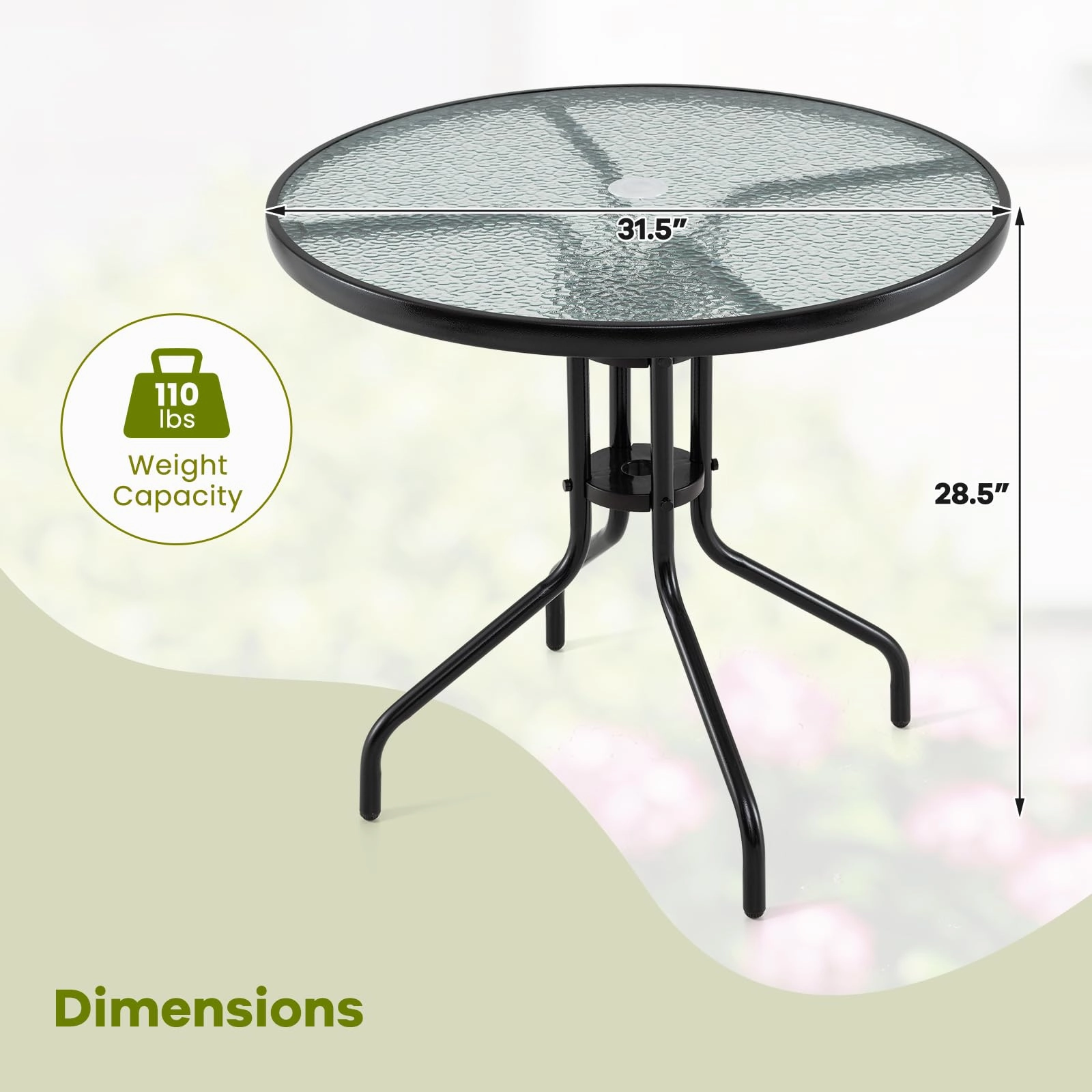 Giantex Patio Round Dining Table with Tempered Glass Tabletop and 2" Umbrella Hole