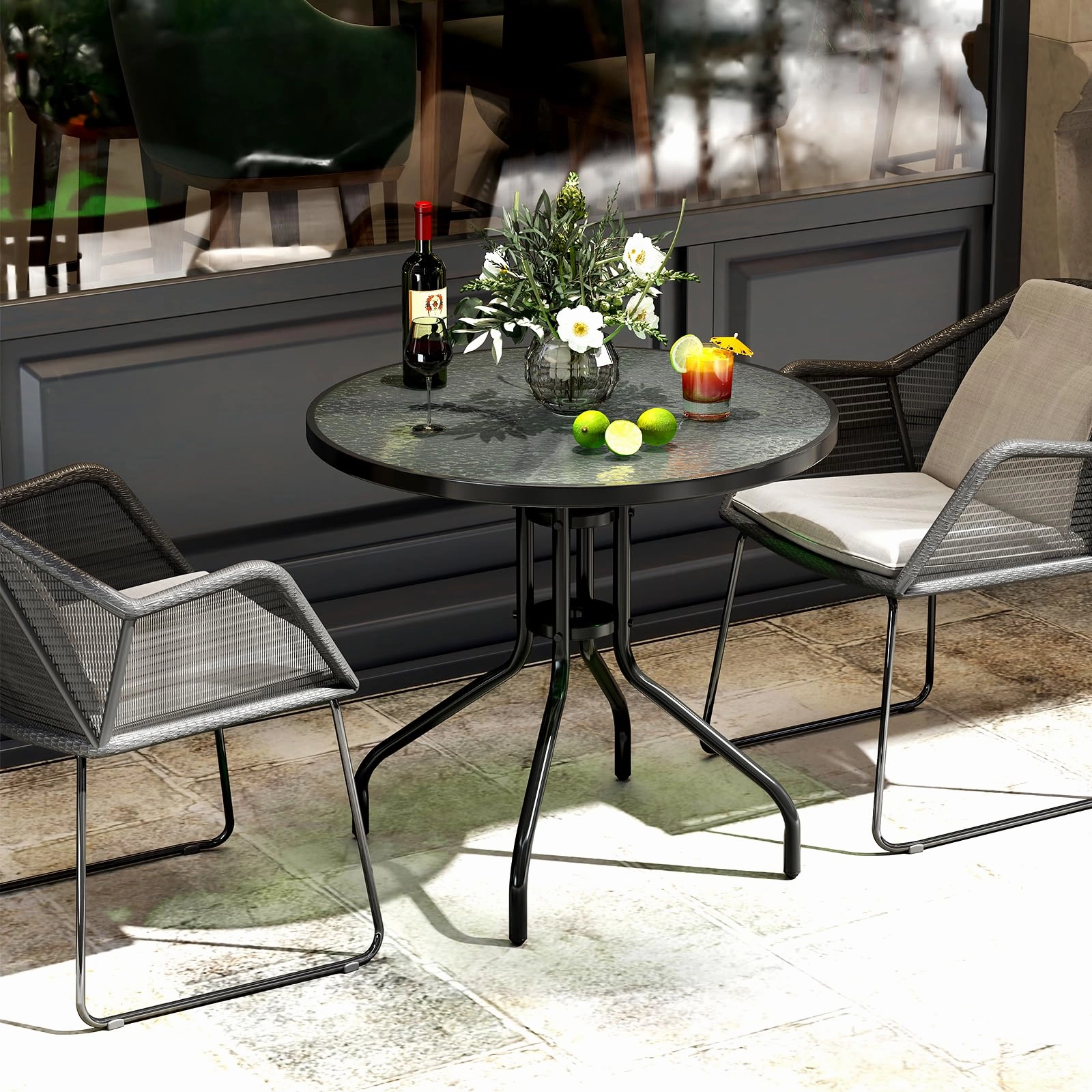 Giantex Patio Round Dining Table with Tempered Glass Tabletop and 2" Umbrella Hole