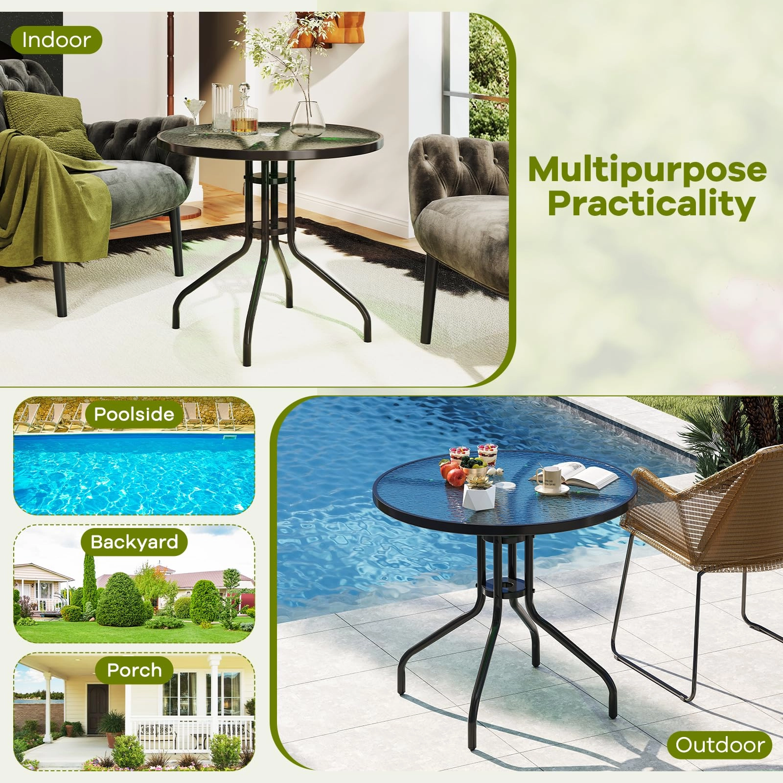 Giantex Patio Round Dining Table with Tempered Glass Tabletop and 2" Umbrella Hole
