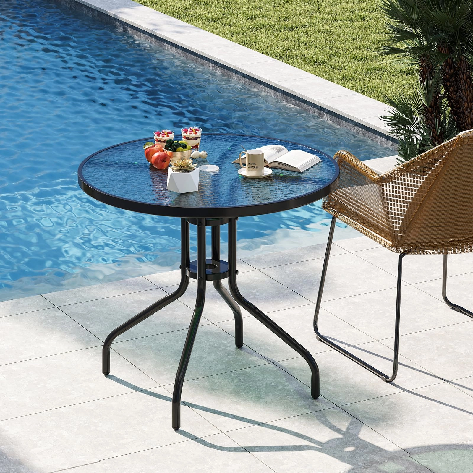 Giantex Patio Round Dining Table with Tempered Glass Tabletop and 2" Umbrella Hole