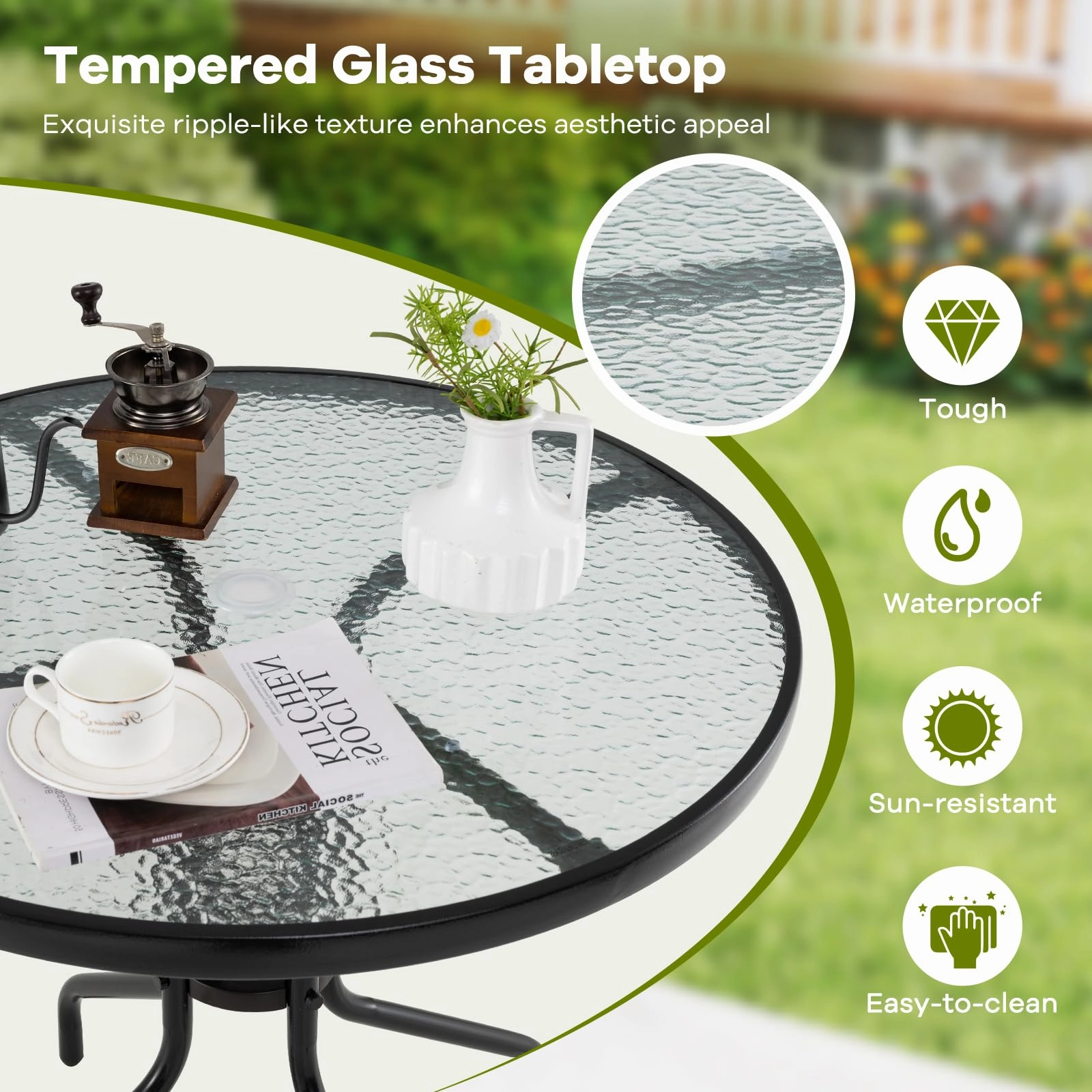 Giantex Patio Round Dining Table with Tempered Glass Tabletop and 2" Umbrella Hole