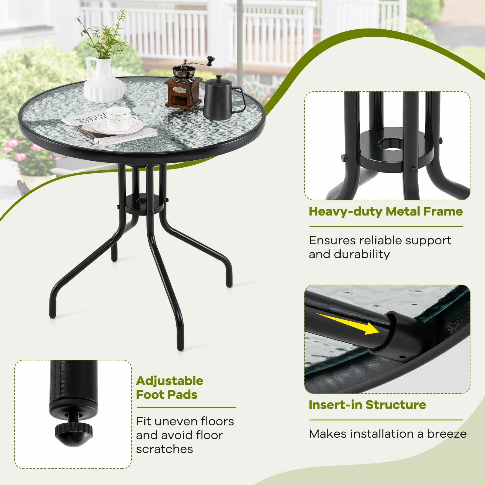 Giantex Patio Round Dining Table with Tempered Glass Tabletop and 2" Umbrella Hole