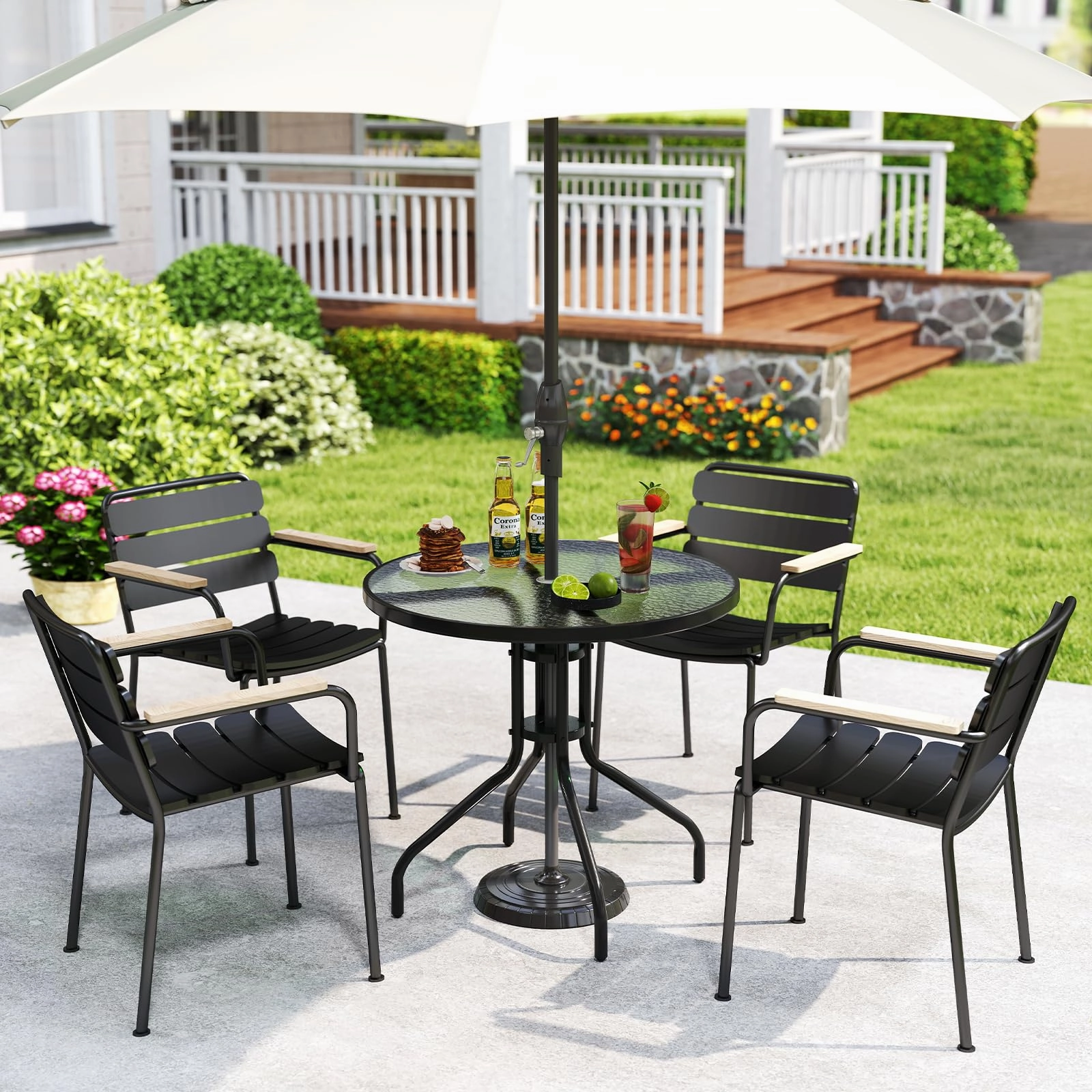 Giantex Patio Round Dining Table with Tempered Glass Tabletop and 2" Umbrella Hole