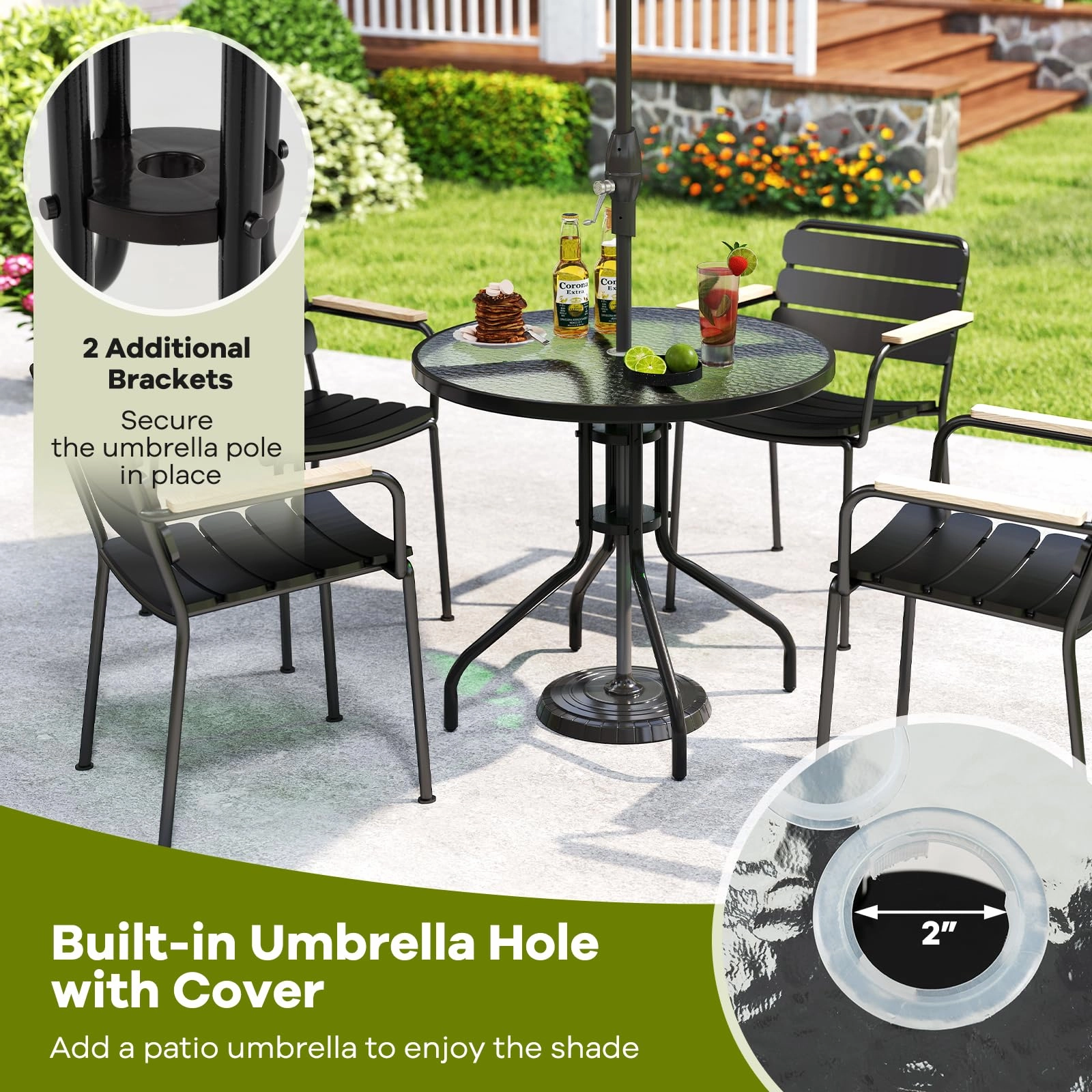 Giantex Patio Round Dining Table with Tempered Glass Tabletop and 2" Umbrella Hole