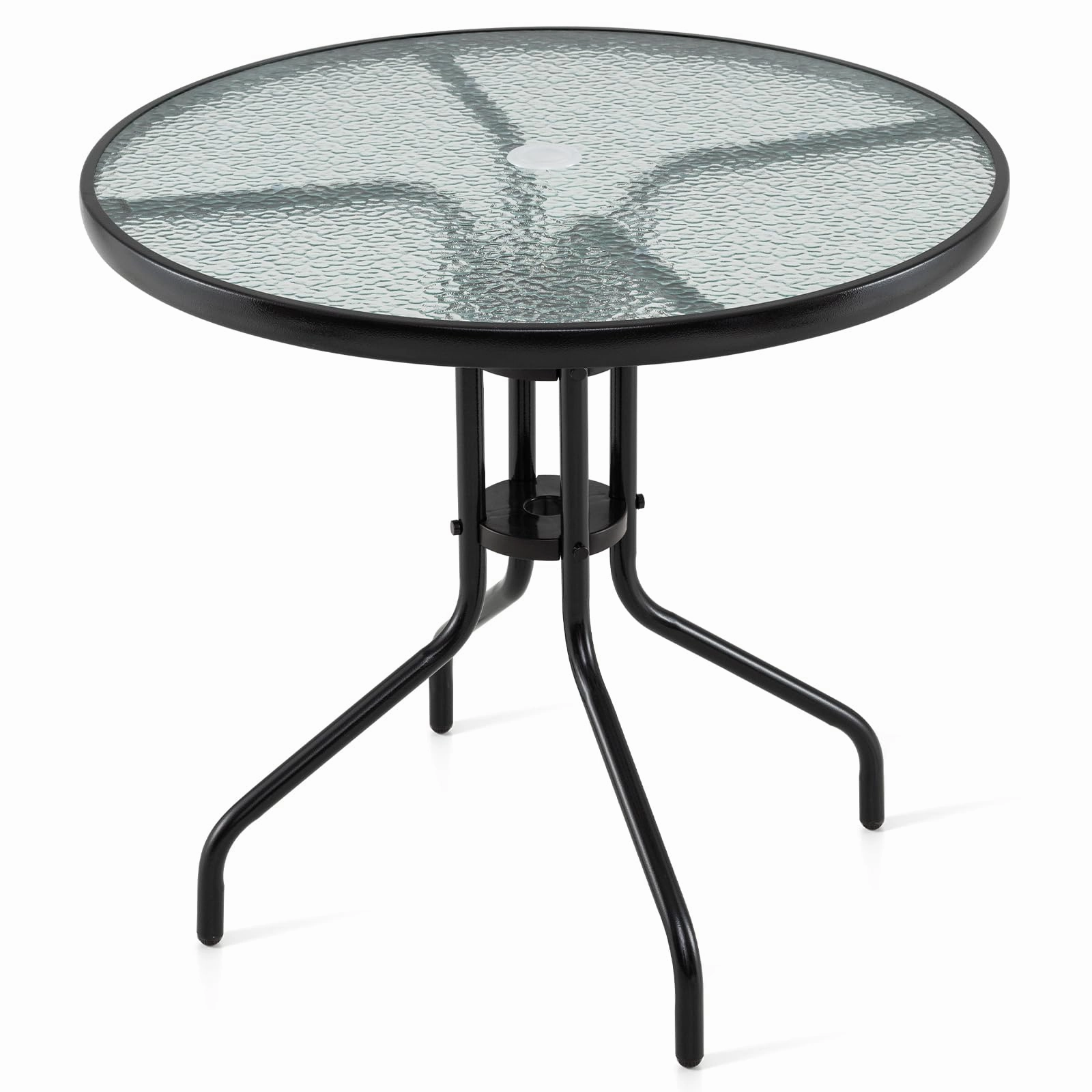 Giantex Patio Round Dining Table with Tempered Glass Tabletop and 2" Umbrella Hole throw pillow, fuzzy blanket