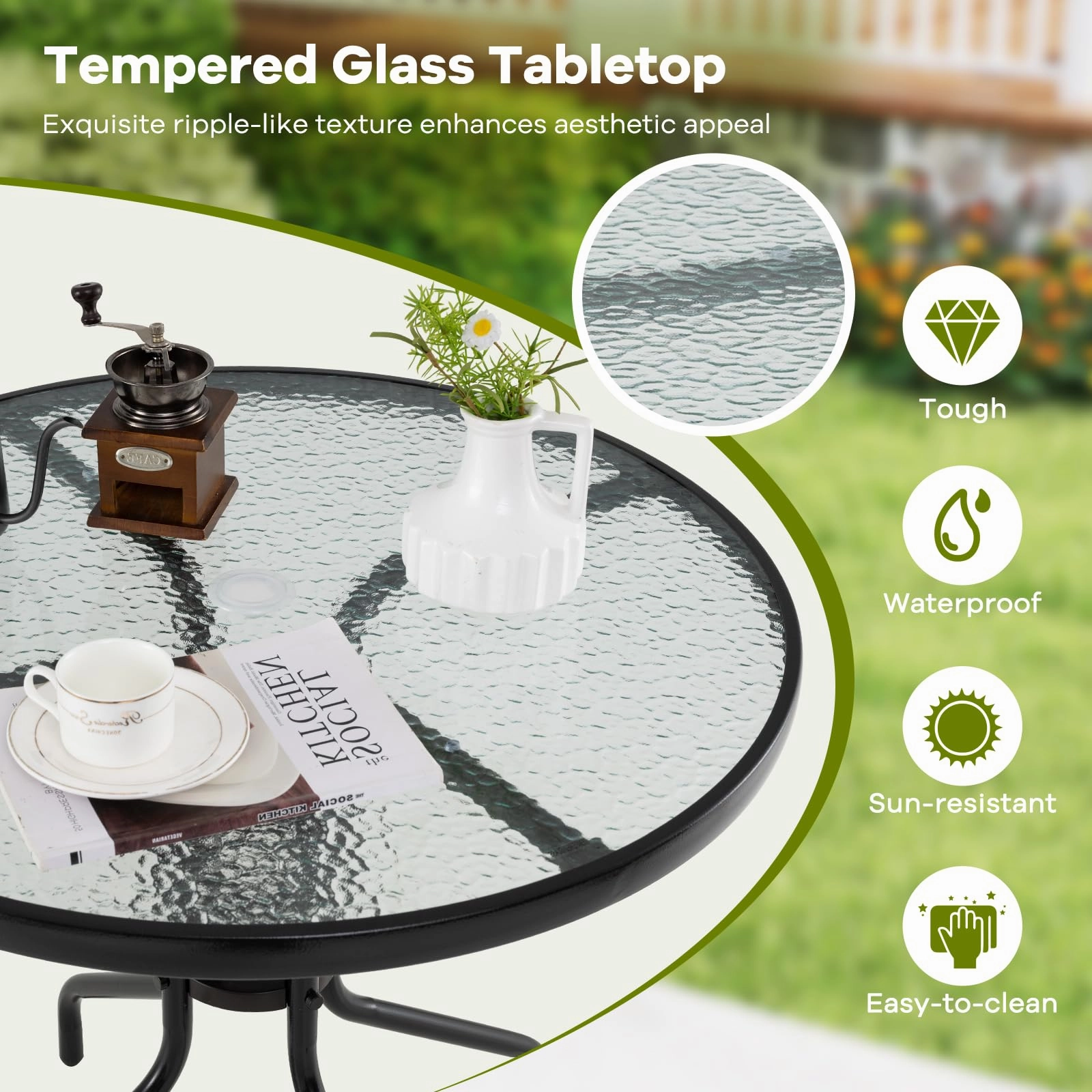 Giantex Patio Round Dining Table with Tempered Glass Tabletop and 2" Umbrella Hole