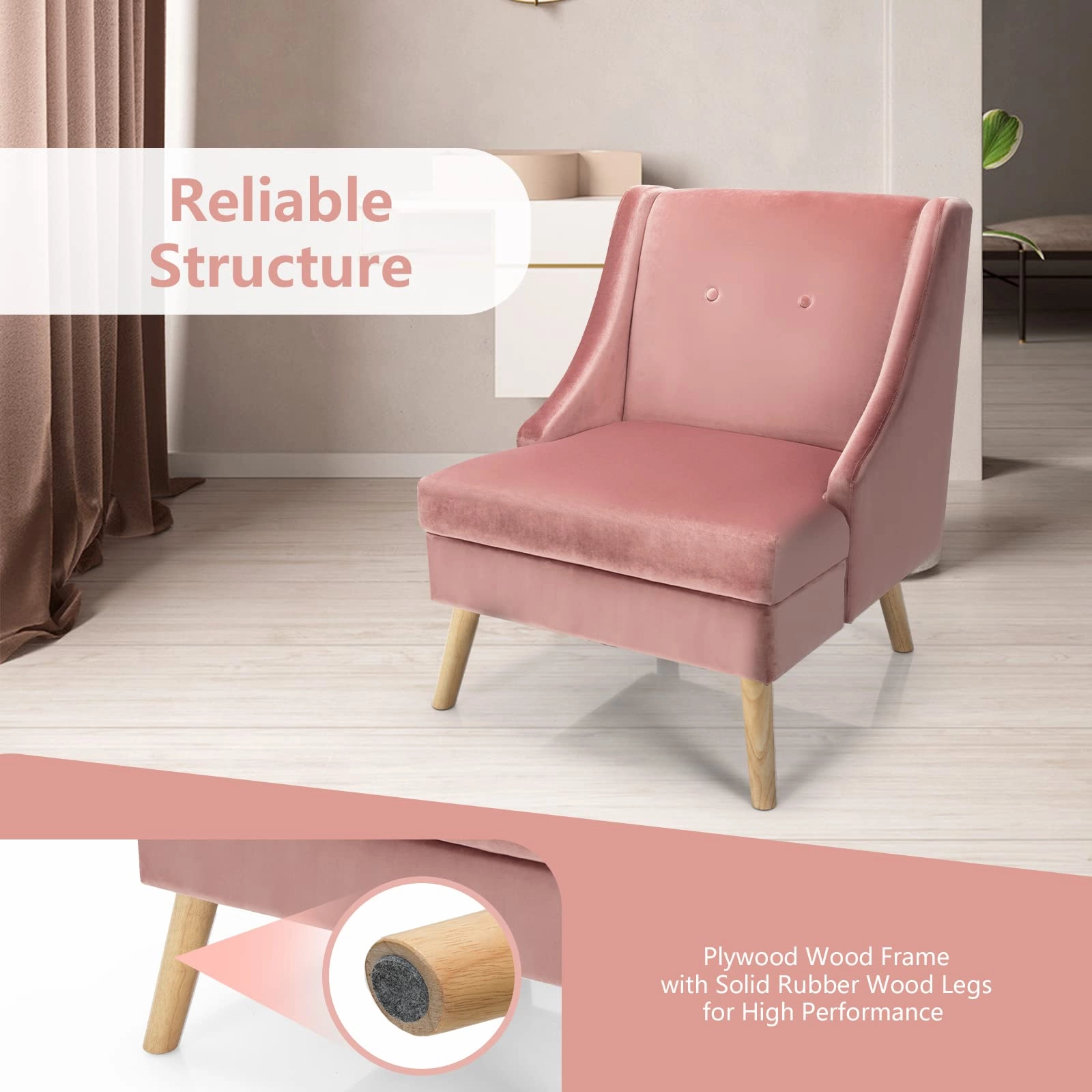 Giantex Pink Accent Chair, Comfy Velvet Swoop Chair w/Rubber Wood Legs, Padded Seat
