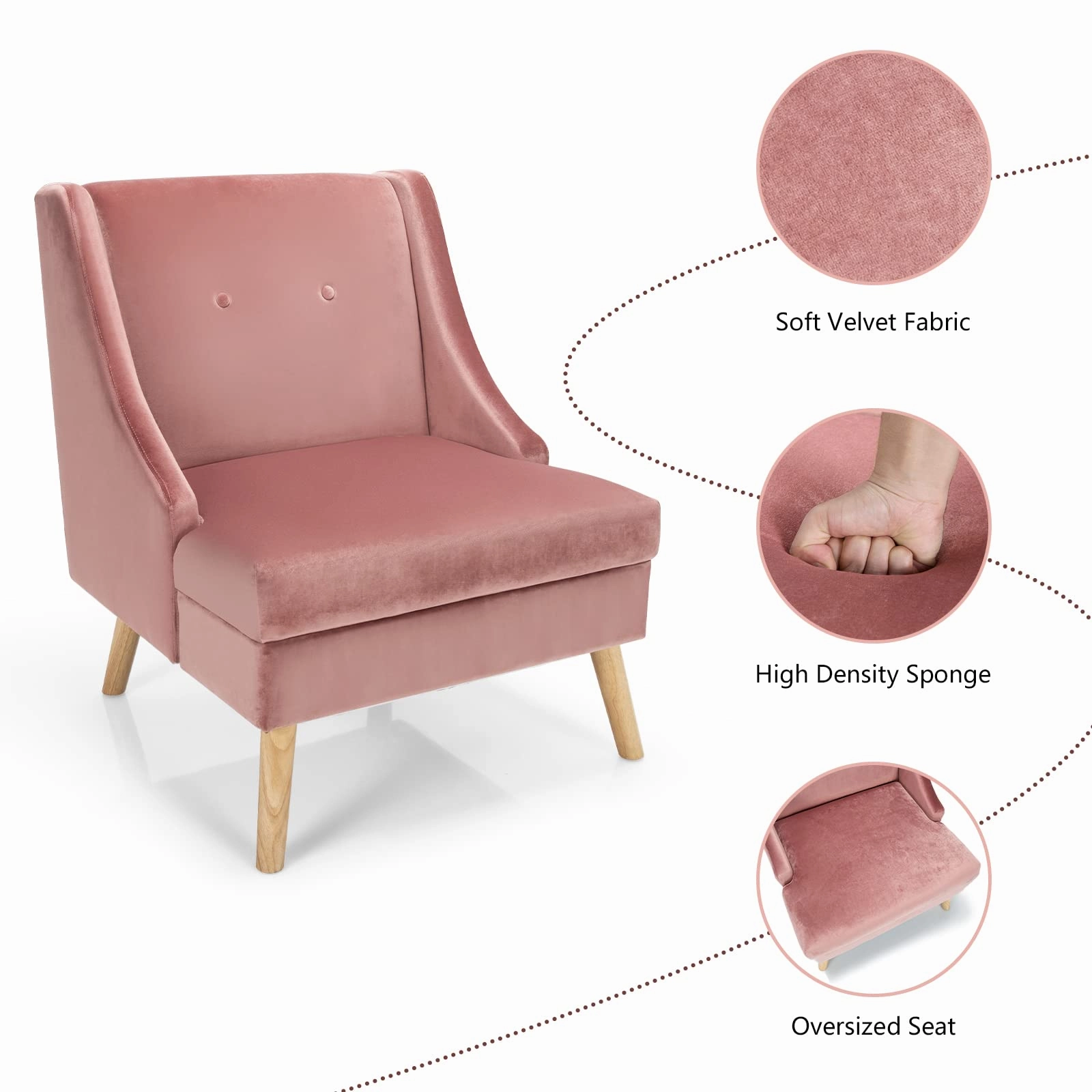 Giantex Pink Accent Chair, Comfy Velvet Swoop Chair w/Rubber Wood Legs, Padded Seat