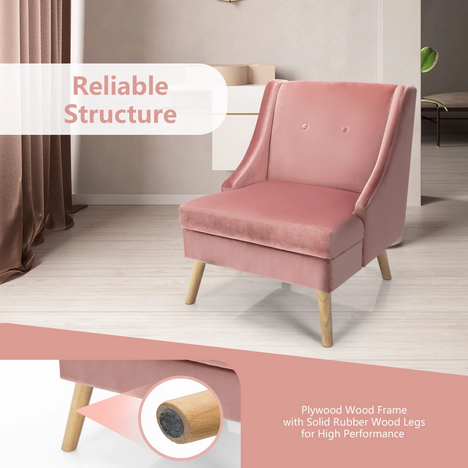 Giantex Pink Accent Chair, Comfy Velvet Swoop Chair w/Rubber Wood Legs, Padded Seat