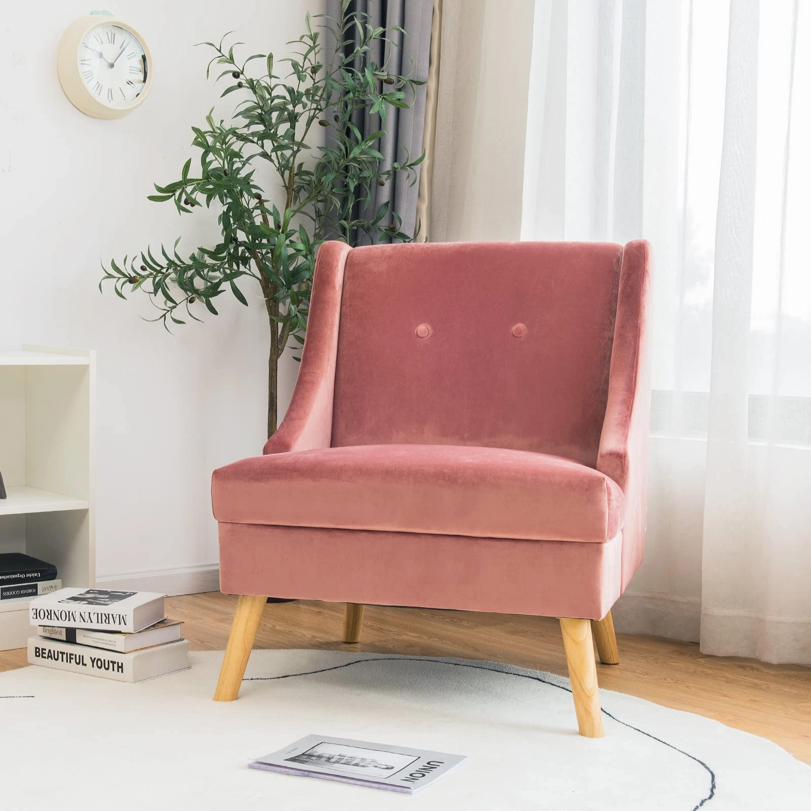 Giantex Pink Accent Chair, Comfy Velvet Swoop Chair w/Rubber Wood Legs, Padded Seat