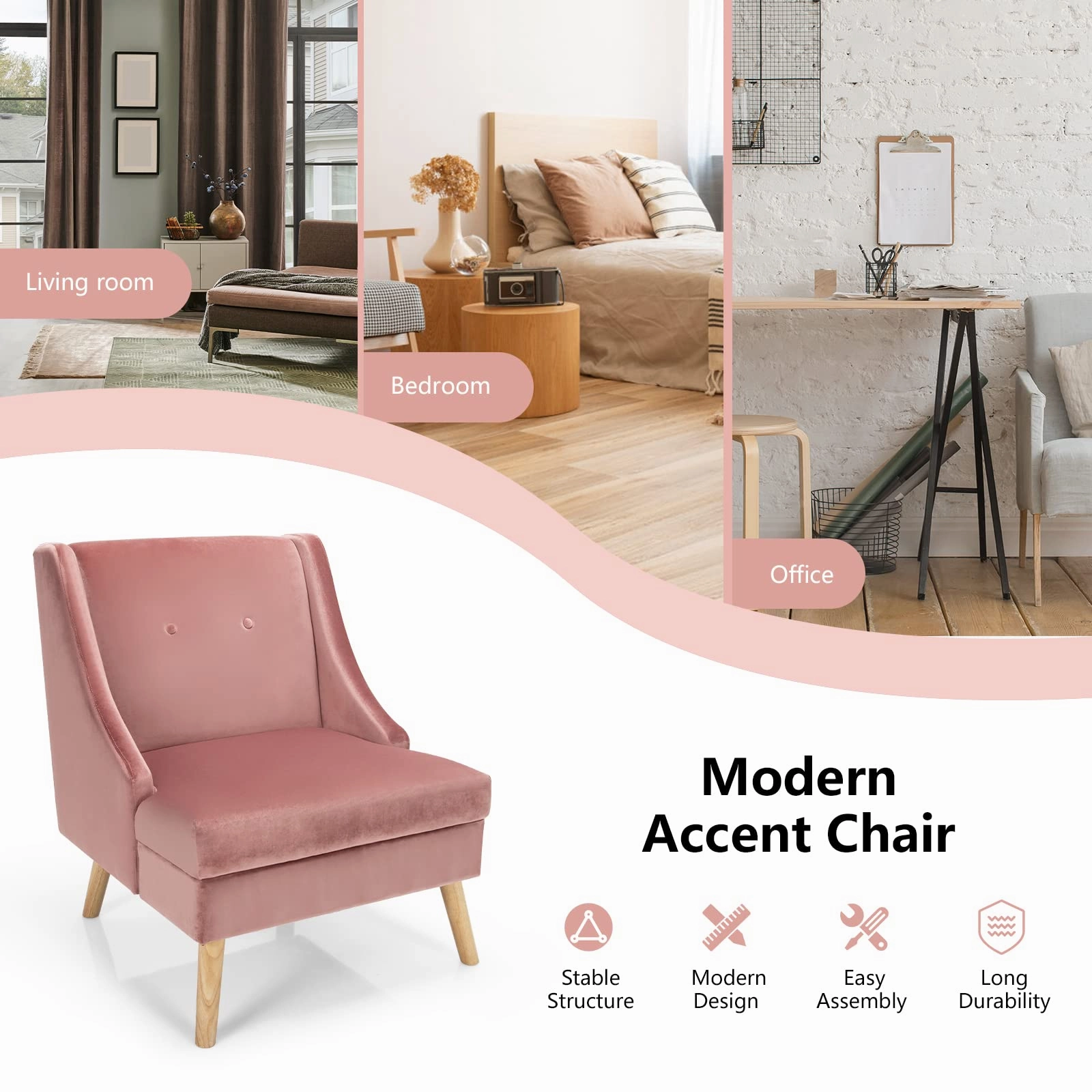 Giantex Pink Accent Chair, Comfy Velvet Swoop Chair w/Rubber Wood Legs, Padded Seat