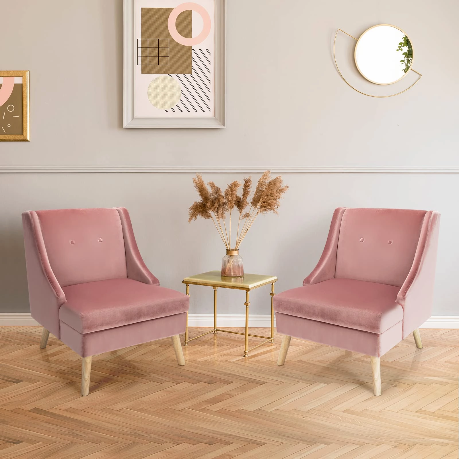 Giantex Pink Accent Chair, Comfy Velvet Swoop Chair w/Rubber Wood Legs, Padded Seat