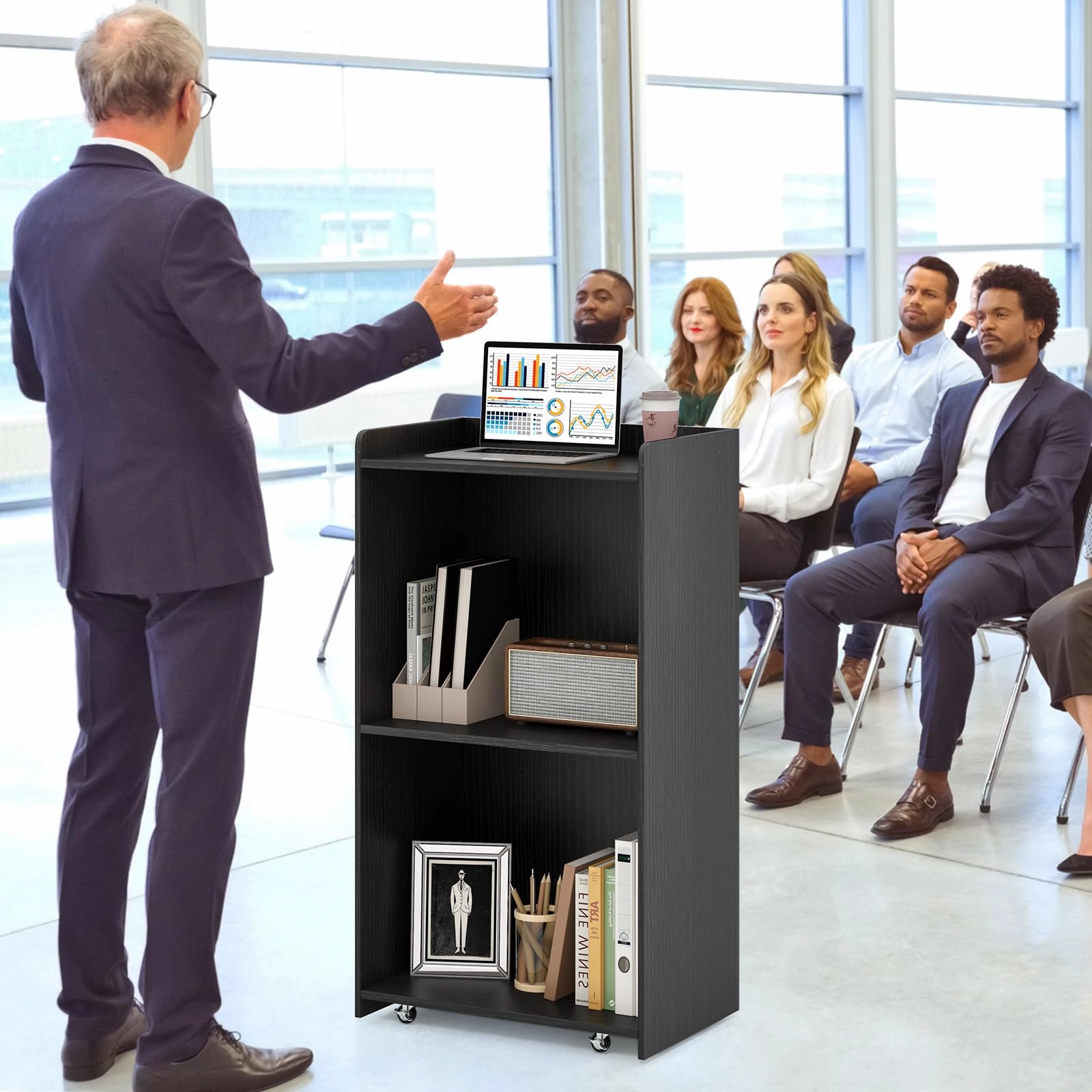 Giantex Portable Podium Stand, Lectern Podium with 2 Storage Shelves, 4 Universal Wheels, Mobile Speaking Podium Hostess Stand Pulpits