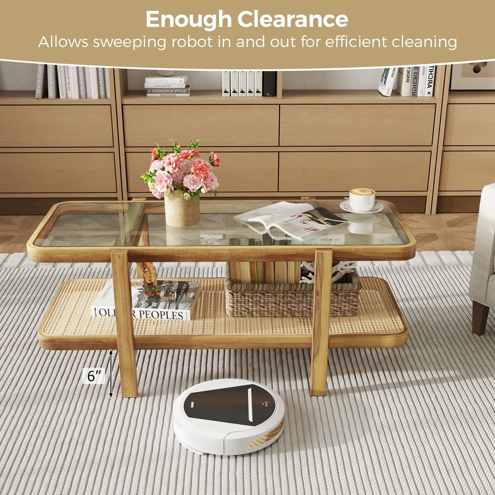 Giantex Rattan Coffee Table, 47.5" Rectangle Solid Wood Tea Table w/Tempered Glass Tabletop