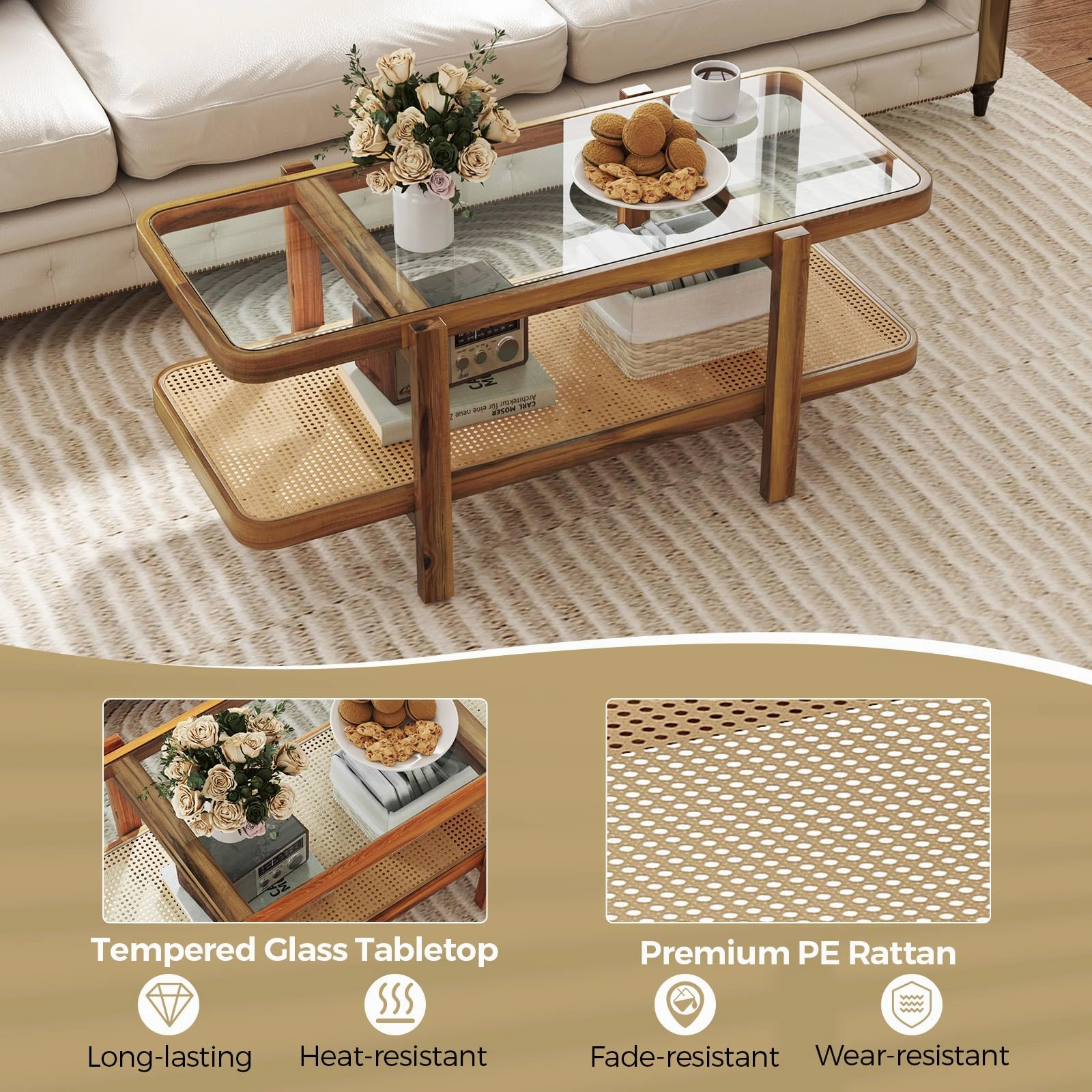 Giantex Rattan Coffee Table, 47.5" Rectangle Solid Wood Tea Table w/Tempered Glass Tabletop