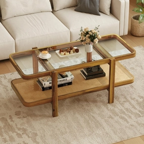 Giantex Rattan Coffee Table, 47.5" Rectangle Solid Wood Tea Table w/Tempered Glass Tabletop throw pillow, fuzzy blanket