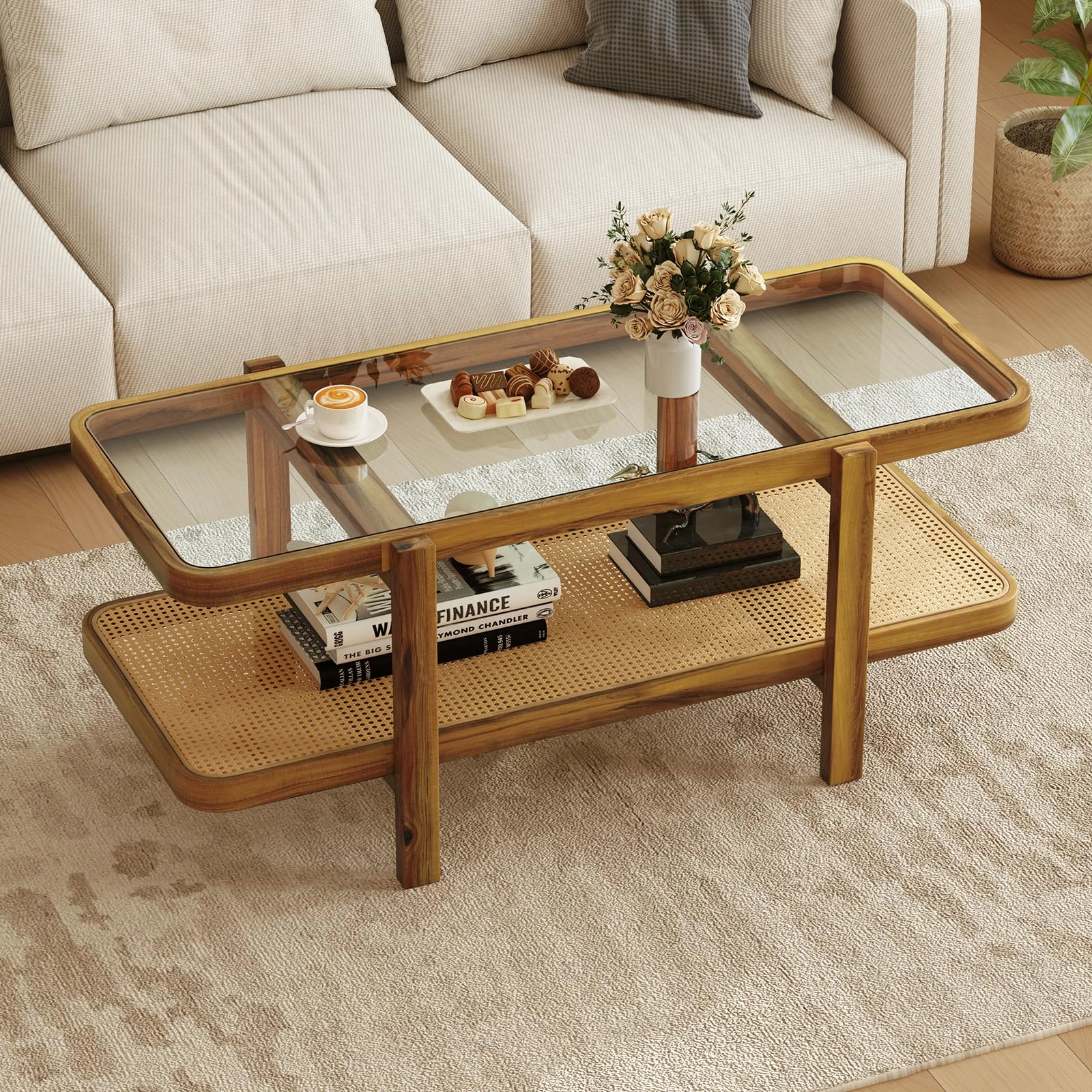 Giantex Rattan Coffee Table, 47.5" Rectangle Solid Wood Tea Table w/Tempered Glass Tabletop console table, hallway table