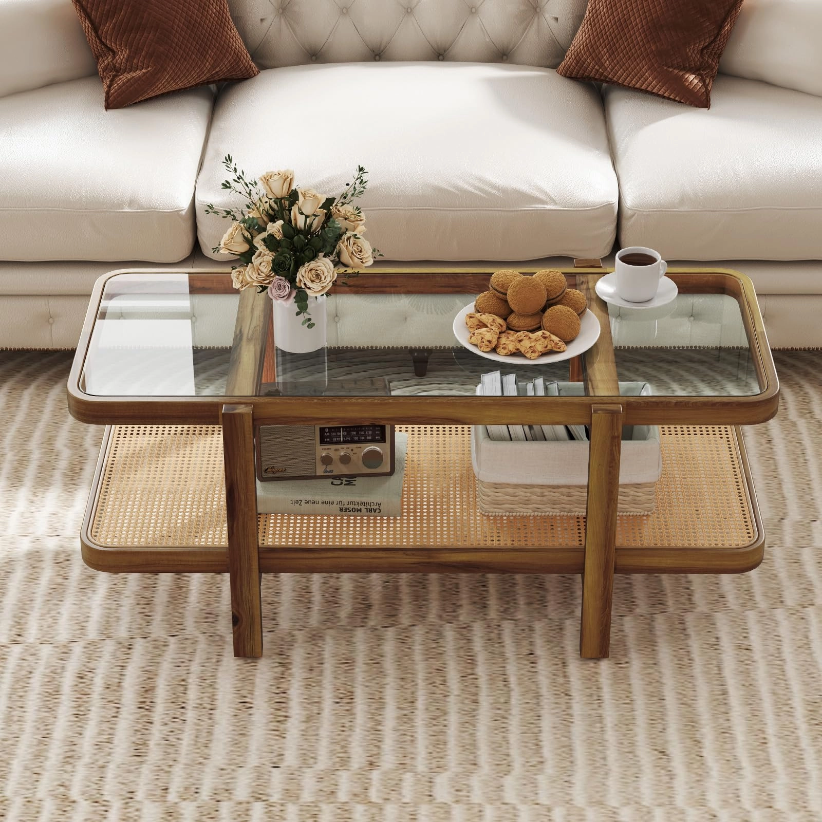 Giantex Rattan Coffee Table, 47.5" Rectangle Solid Wood Tea Table w/Tempered Glass Tabletop