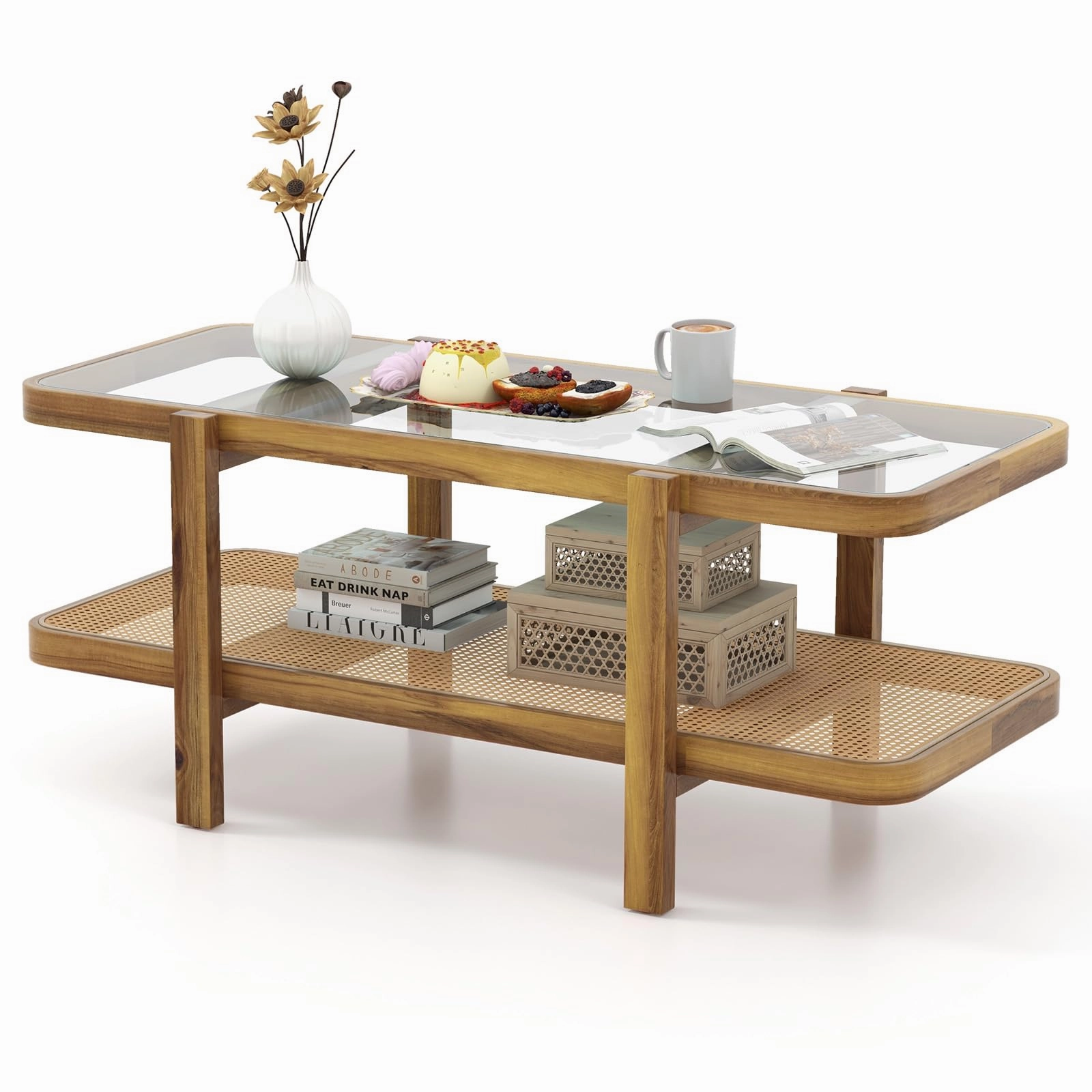 Giantex Rattan Coffee Table, 47.5" Rectangle Solid Wood Tea Table w/Tempered Glass Tabletop