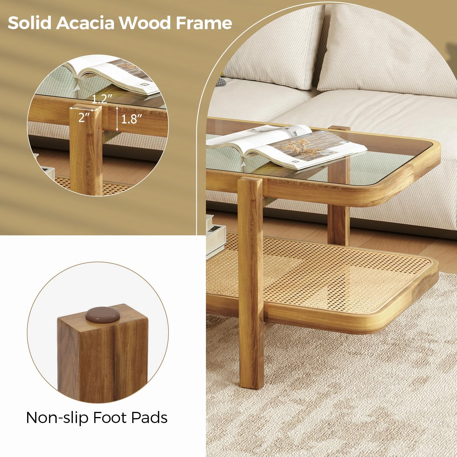 Giantex Rattan Coffee Table, 47.5" Rectangle Solid Wood Tea Table w/Tempered Glass Tabletop