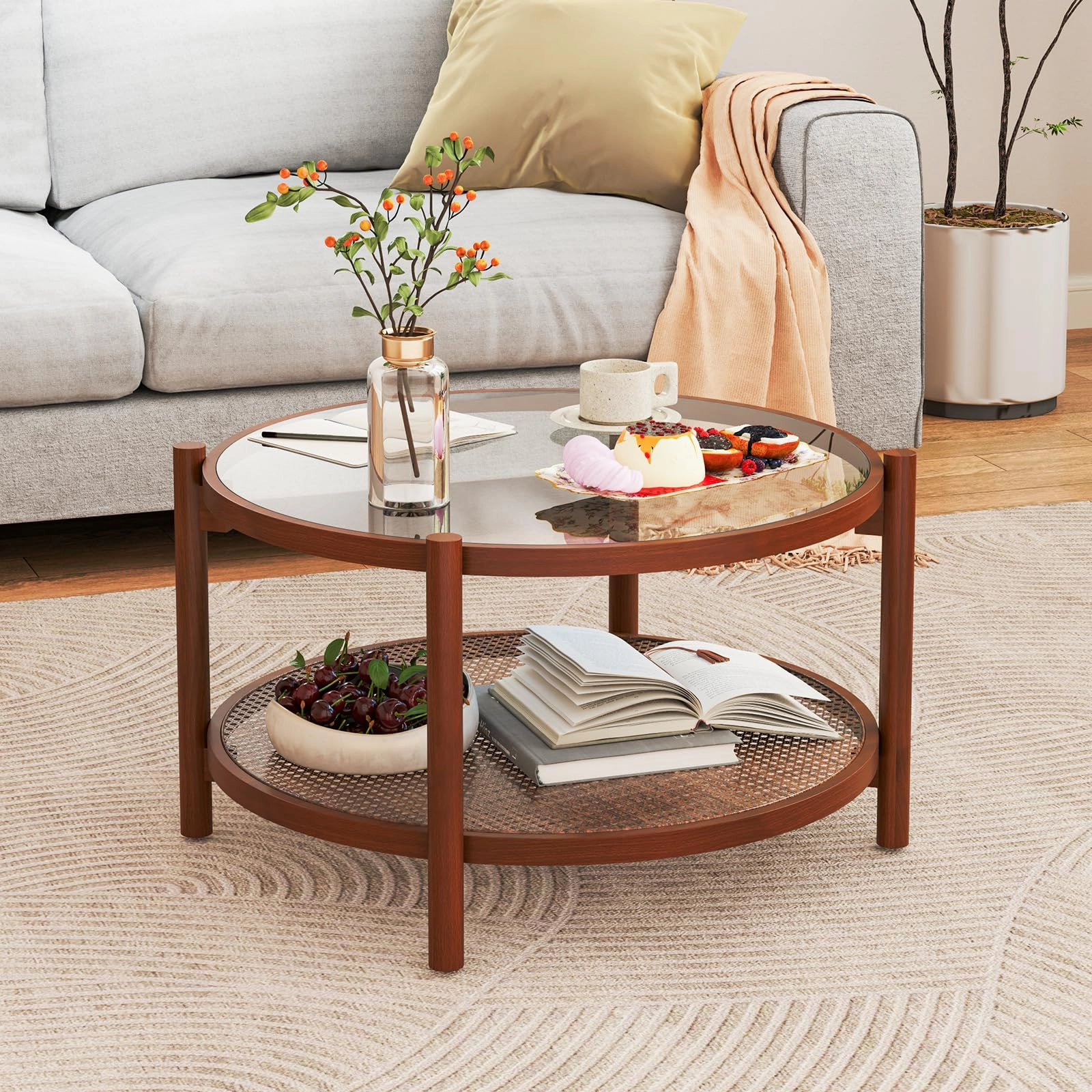 Giantex Rattan Coffee Table throw pillow, fuzzy blanket